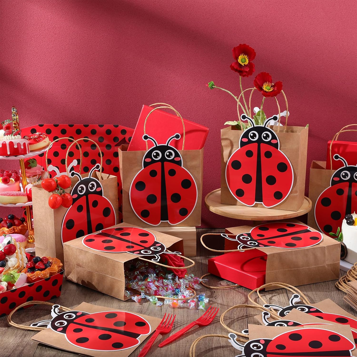 MotiMind 18 Pcs Ladybug Kraft Paper Bags with Handle image 2