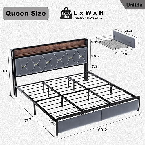 Miniatura 2 de Ailisite Base de cama tamaño Queen con cabecera de almacenamiento y estación de carga tipo C, marco de cama tapizado gris con 2 cajones de