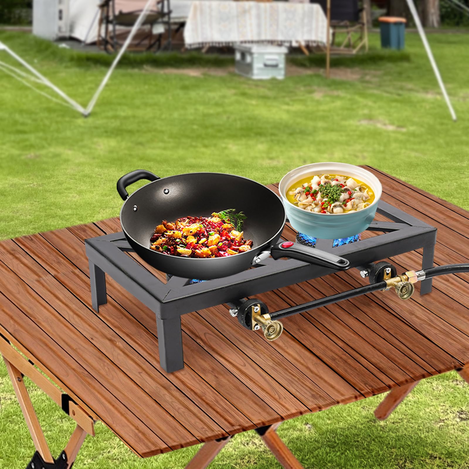 Kreiaoer Double Propane Burner, Outdoor Camping Stove with Adjustable 0-10Psi Independent Regulator and 3.94ft Hose for Home Brewing, Camping, Tailgating, MAX 8000W Burning Power