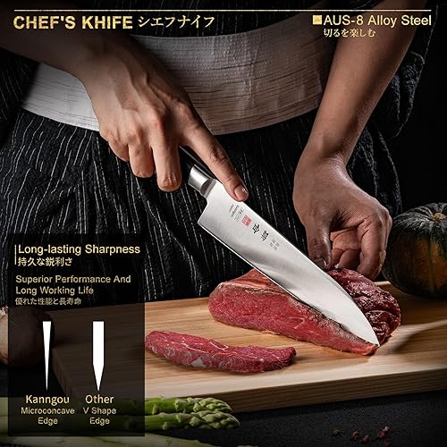 Miniatura 8 de Cuchillo de chef japonés de 8.27 pulgadas, cuchillo de cocina de acero aleado japonés AUS-8 con mango de madera de Pakka de espiga completa,