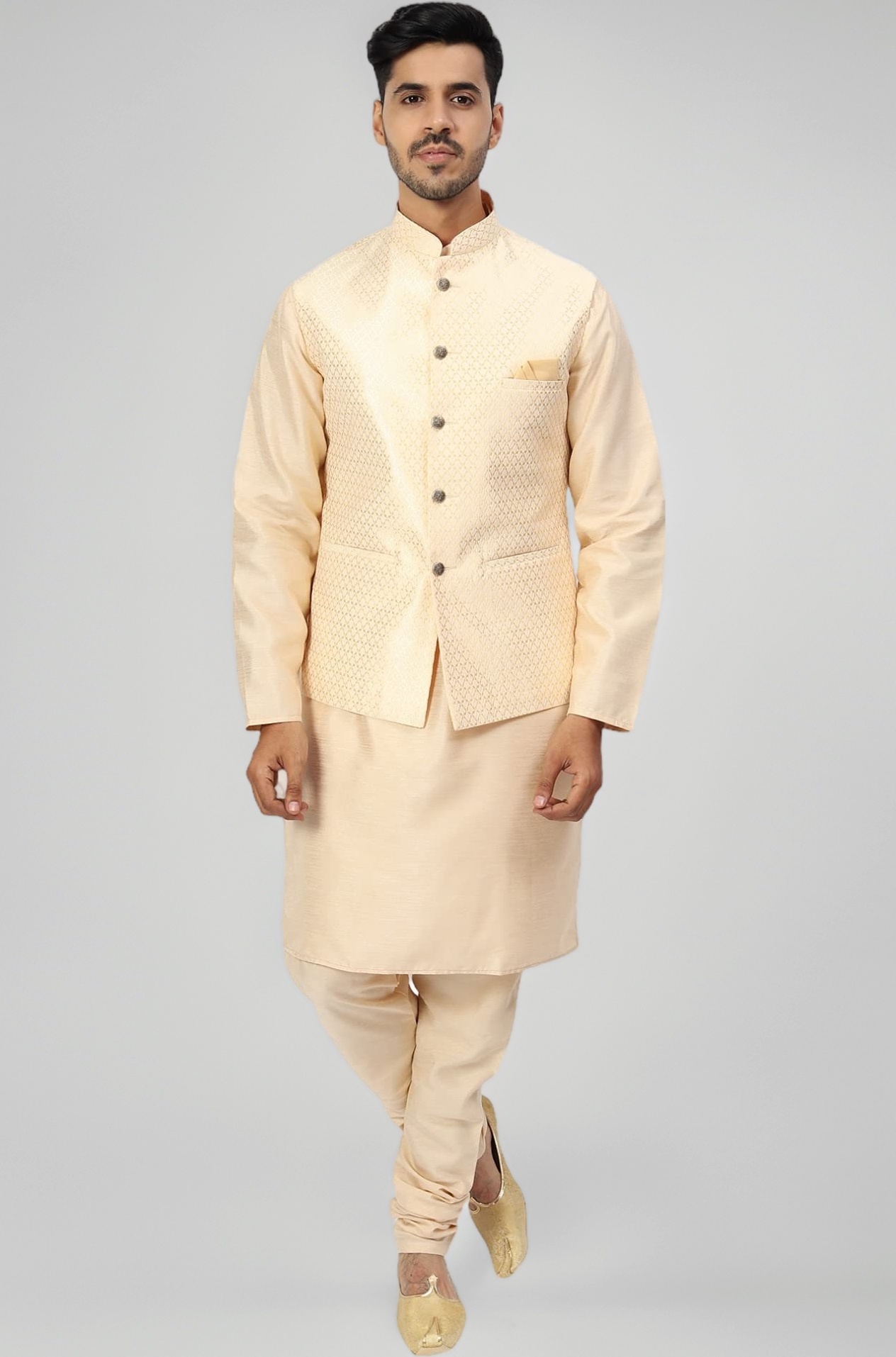 Uri and MacKenzie Men's Silk Blend Regular Kurta Churidar Pyjama with Bundi Nehru Jacket/Waistcoat