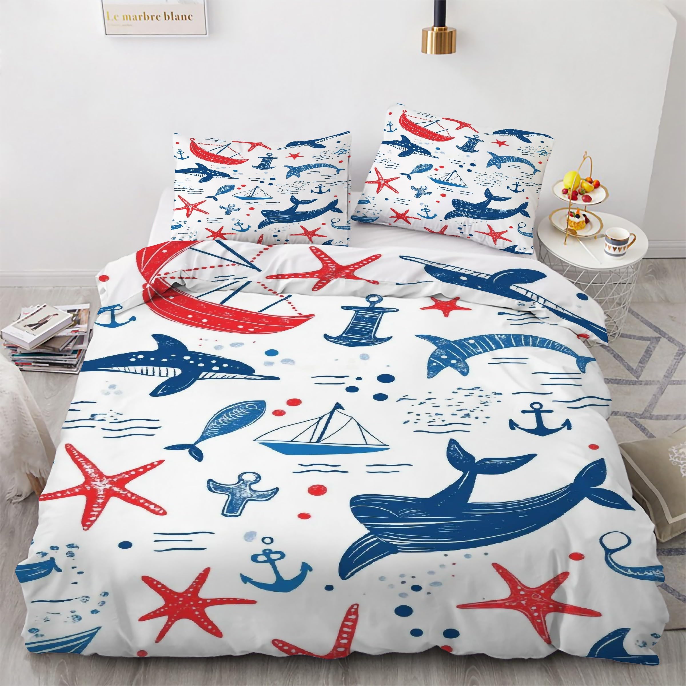 Housse de couette 160x200 étoile de mer avec 2 taies d'oreiller, parure de lit océan en microfibre