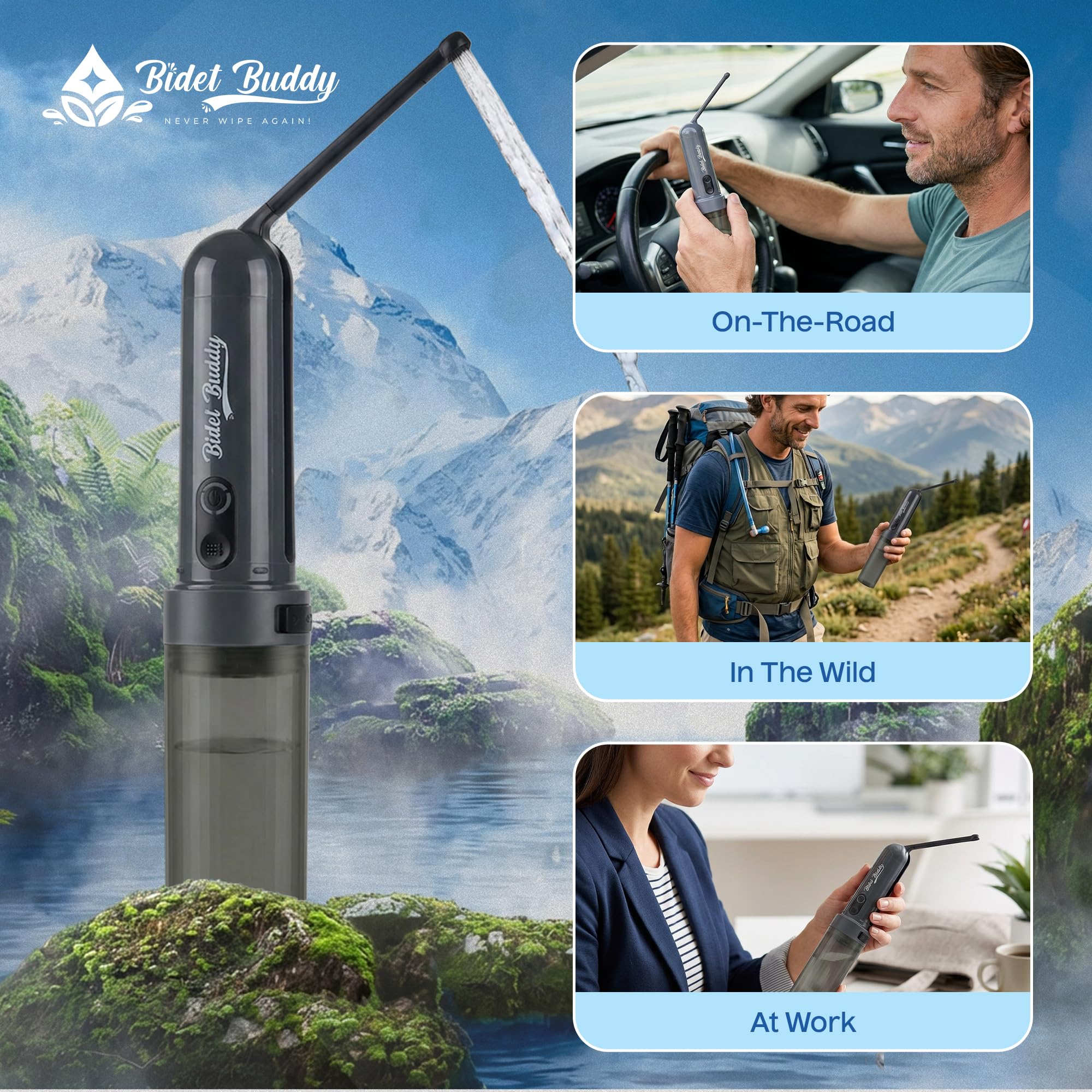 BIDET BUDDY® GoFlow Bidet portatile da viaggio | Flusso 280 ml/min | Batteria 800 mAh | Bottiglia da 180 ml | Impermeabile IPX7 | Ricarica USB-C | Tascabile e flessibile con pressione media (grigio)