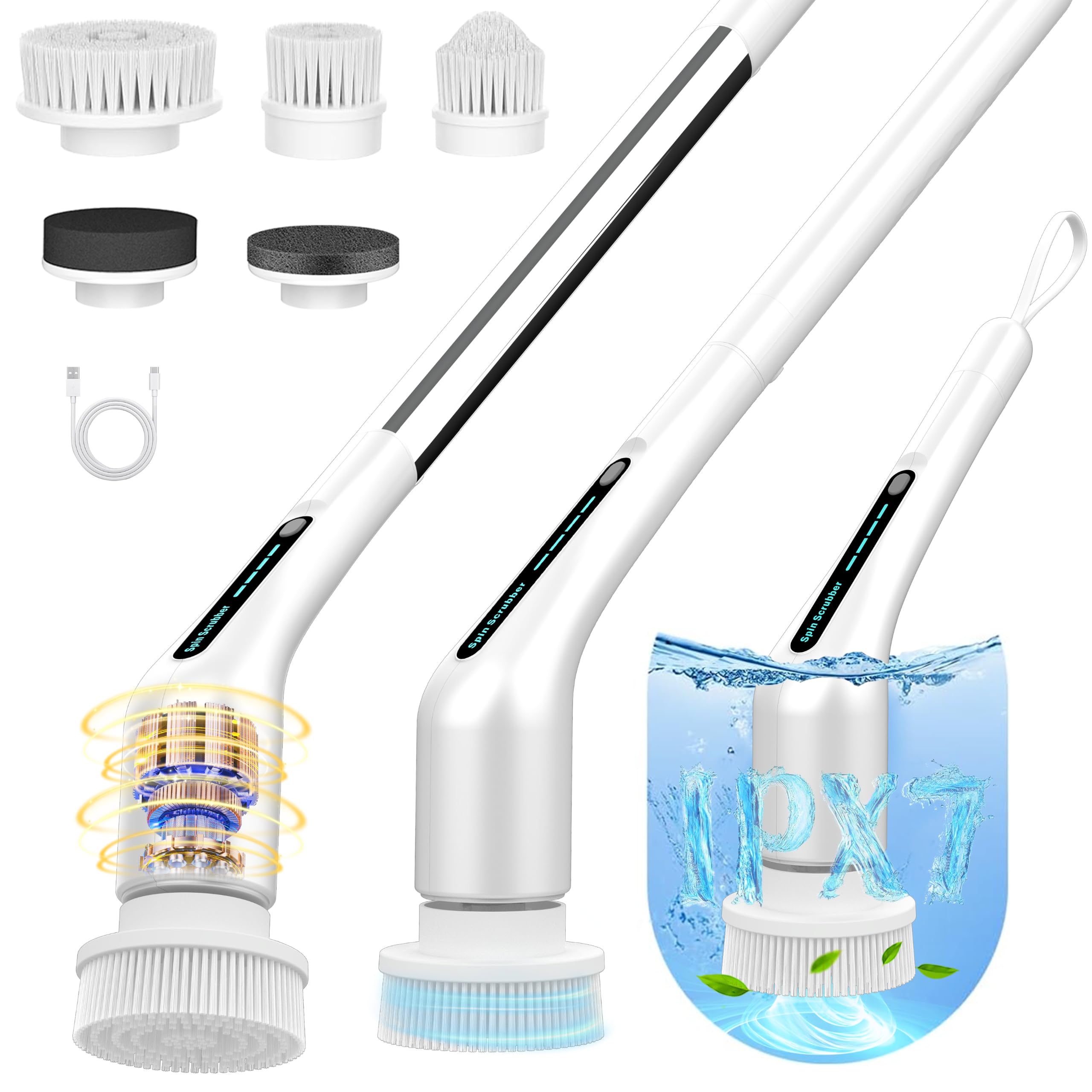 Elektrischer Drehschrubber, IPX7, wasserdicht, kabellos, Duschreiniger, 2 Geschwindigkeiten, 5 austauschbare Köpfe, verstellbarer Verlängerungsgriff für Badezimmer, WC, Badewanne, Küche, Fliesenböden