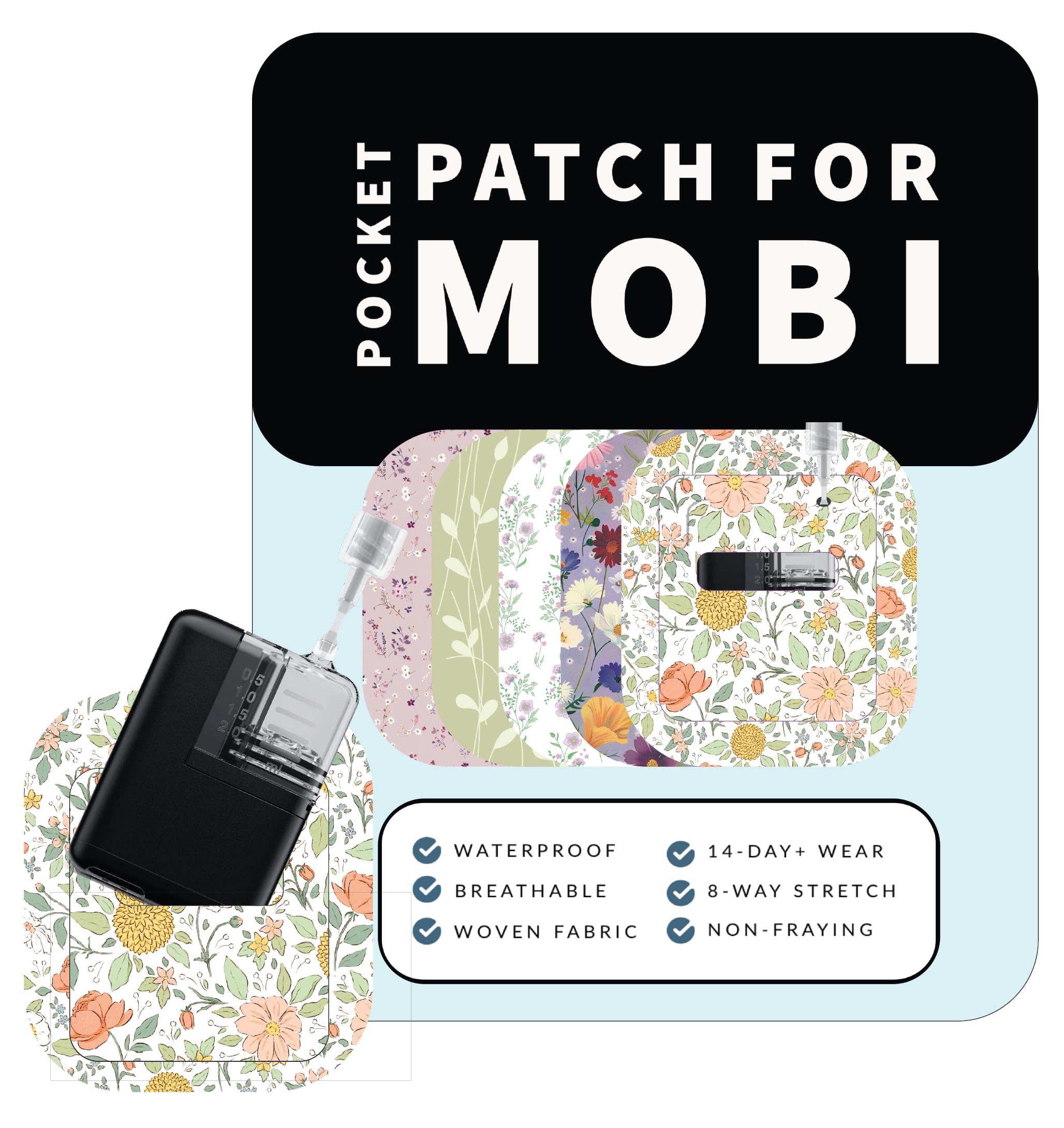 Glucomart Adhesive Pocket for Mobi (5 Count) – Maximum Strength Patches for Wearing Mobi Insulin Pump, Waterproof & Hypoallergenic (Vintage Floral