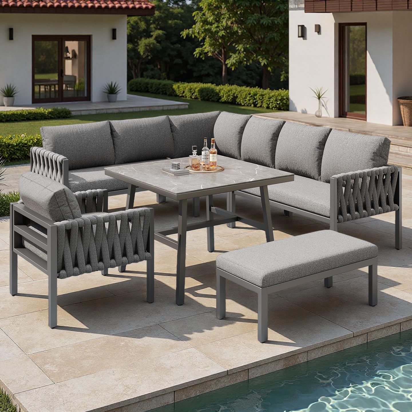 Sapgaks Ensemble de Salon de Jardin extérieur 7/8 Personnes en Corde avec Structure en Fer galvanisé,Pieds réglables,canapé d'angle+Table+Banc + Fauteuil,Plateau de Table en Verre trempé (C-Gris)