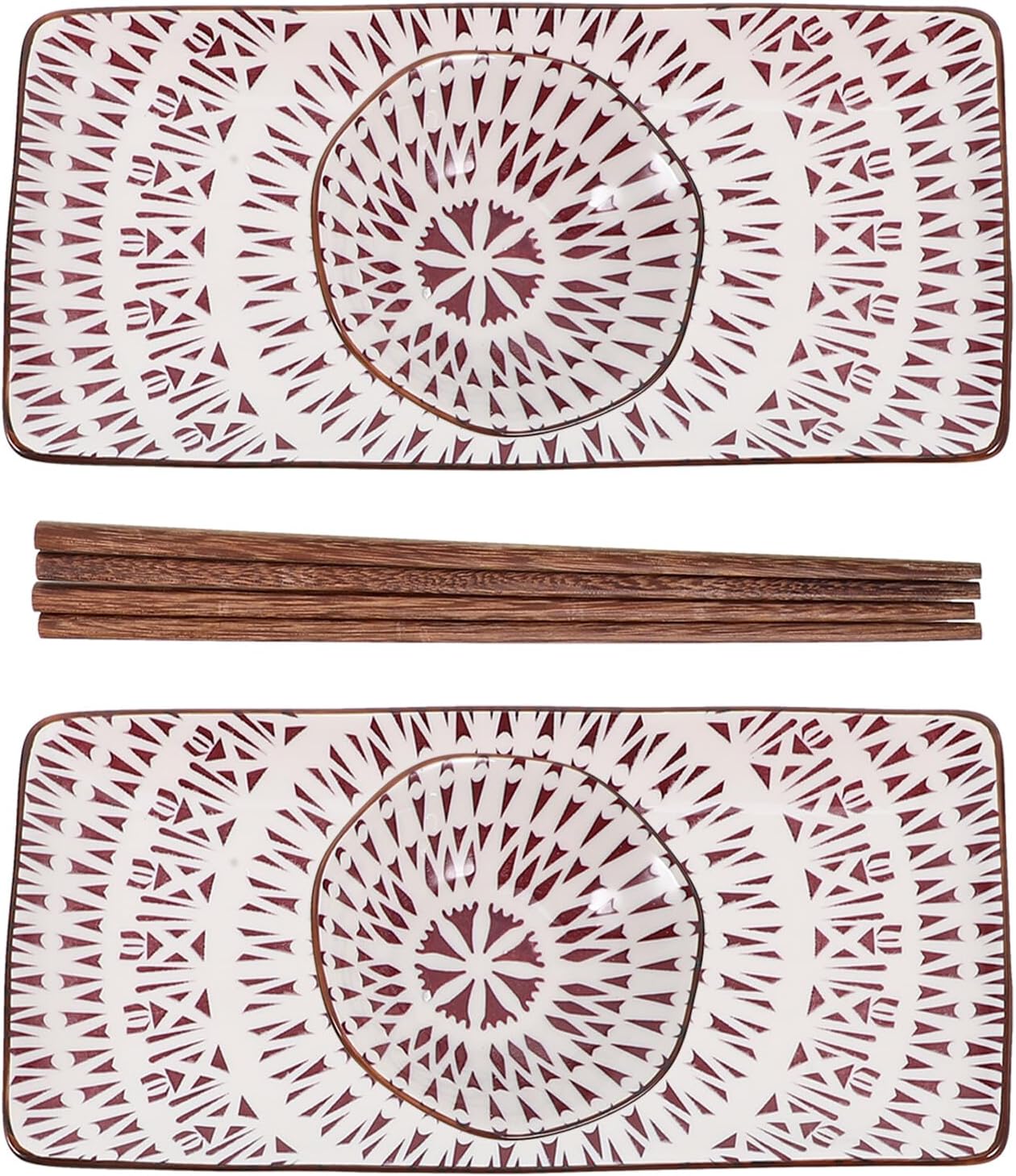 Japanese Style Sushi Plate Set 2 Trays 2 Dipping Bowls 2 Pairs Chopsticks Ceramic Food Serving Dish for Sashimi Appetizers and Salad Dining