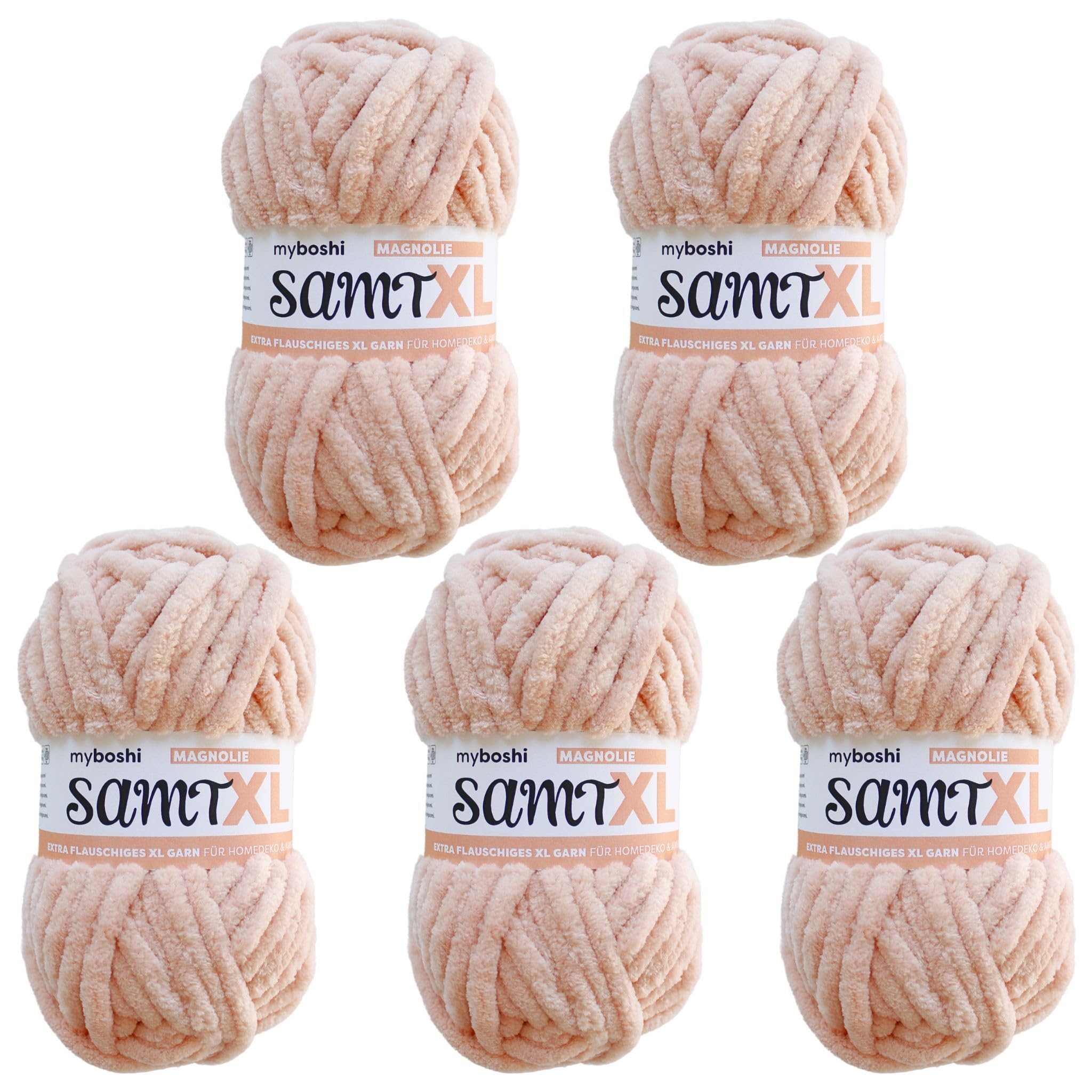 myboshi Samt XL, kuscheliges, extra dickes Chenillegarn, super chunky, zum Häkeln und Stricken, XXL-Knäuel, 100g, Ll 40m, Rosa (Magnolie), 5 Knäuel