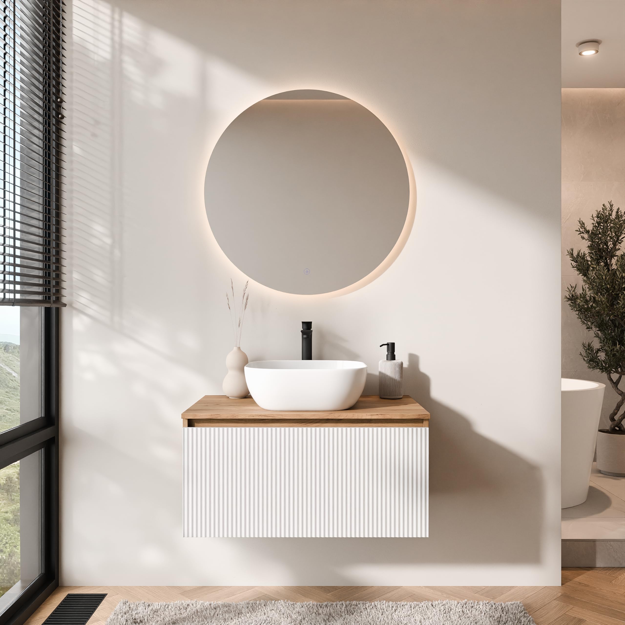 Planetmöbel Arisa - Conjunto de muebles de baño con mueble de 80 cm, color roble dorado blanco (acanalado) con espejo NOVA, lavabo de 42 cm, color: Blanco