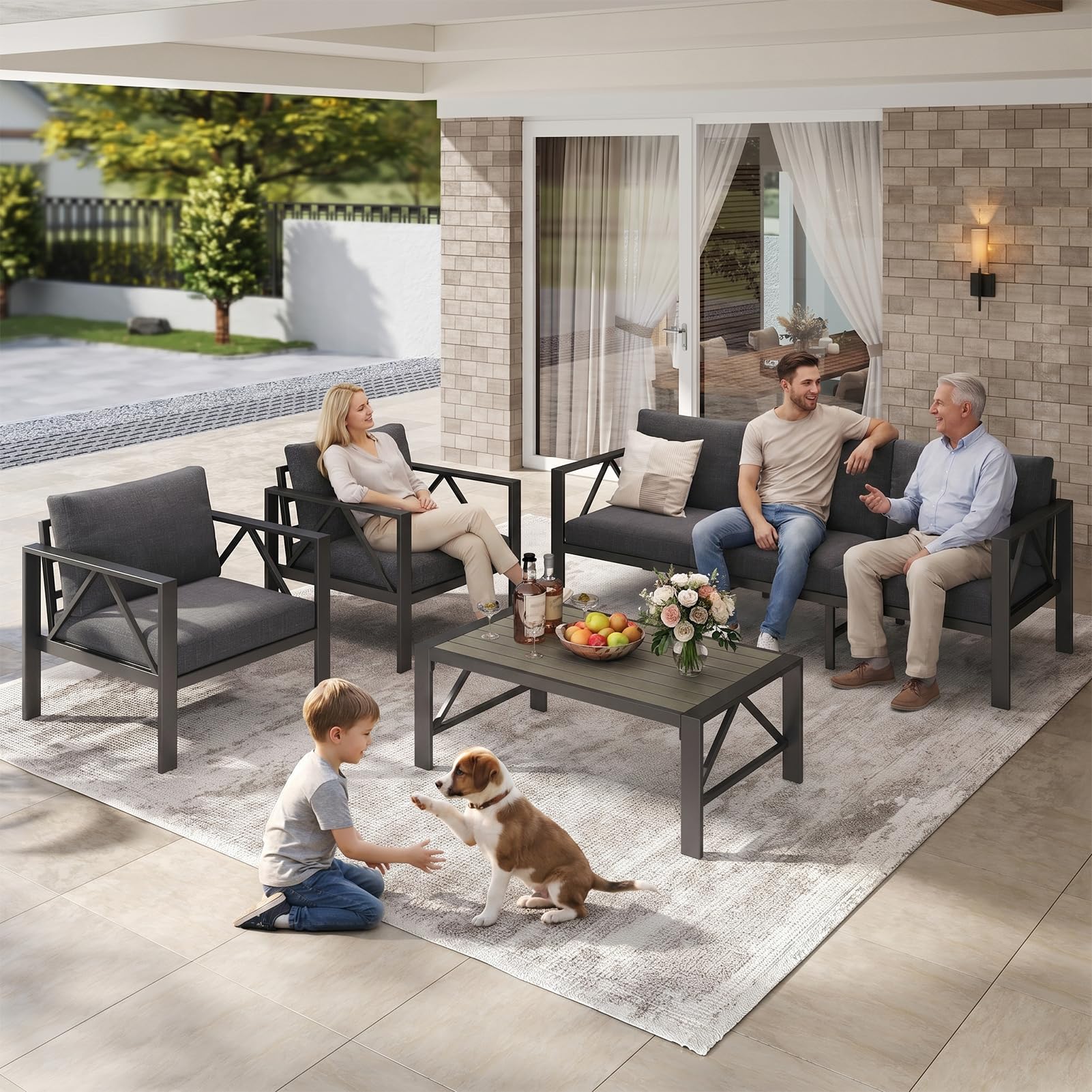 OMERAI Aluminium Gartenmöbel Set 4-tlg. für 5 Personen, Gartenlounge mit wasserdichter Schutzhülle, Outdoor Gartengarnitur für Garten, Terrasse & Balkon, Dunkelgrau(1×3-Sitzer Sofa, 2×Sessel, 1×Tisch)