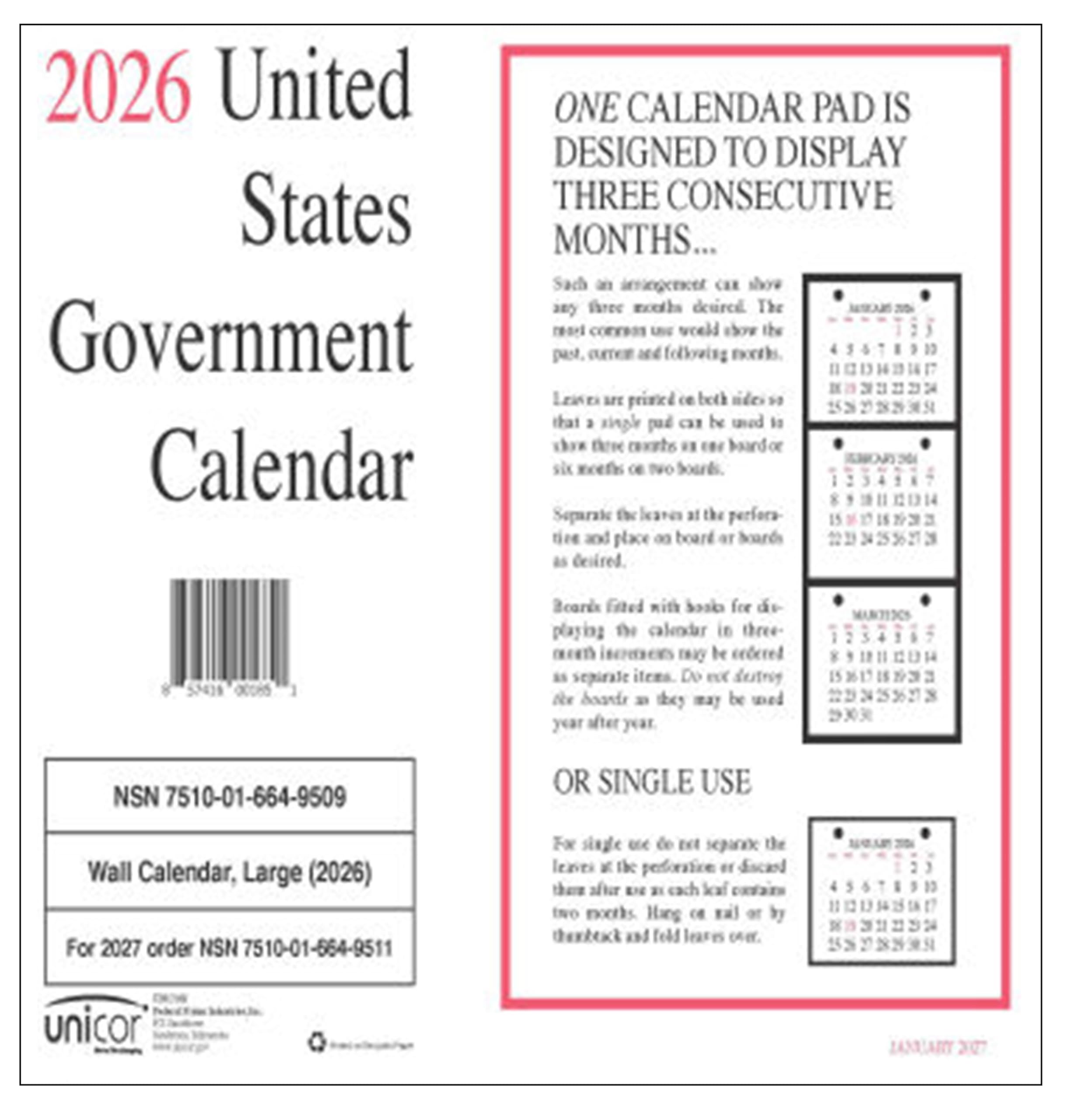 Unicor 2026, US Government Fed Monthly Wall Individual Calendar, Qty=2, 11 x 9,12-Month (Jan to Dec)
