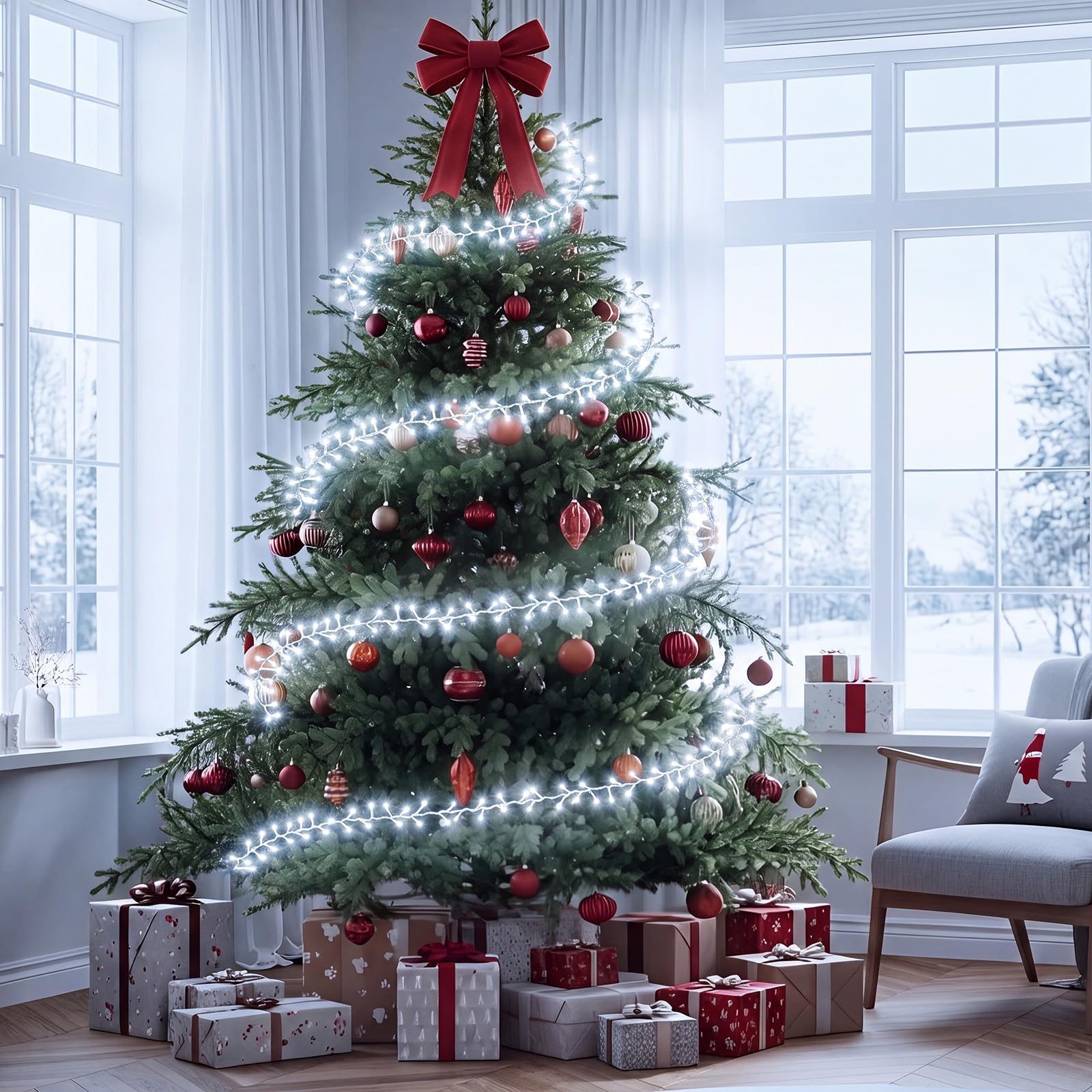 Mudder Guirlande lumineuse de sapin de Noël de 15 m avec anneau en fil métallique 300 LED 8 modes d'éclairage scintillant à piles pour sapin de Noël intérieur et extérieur (sans piles) (lumière