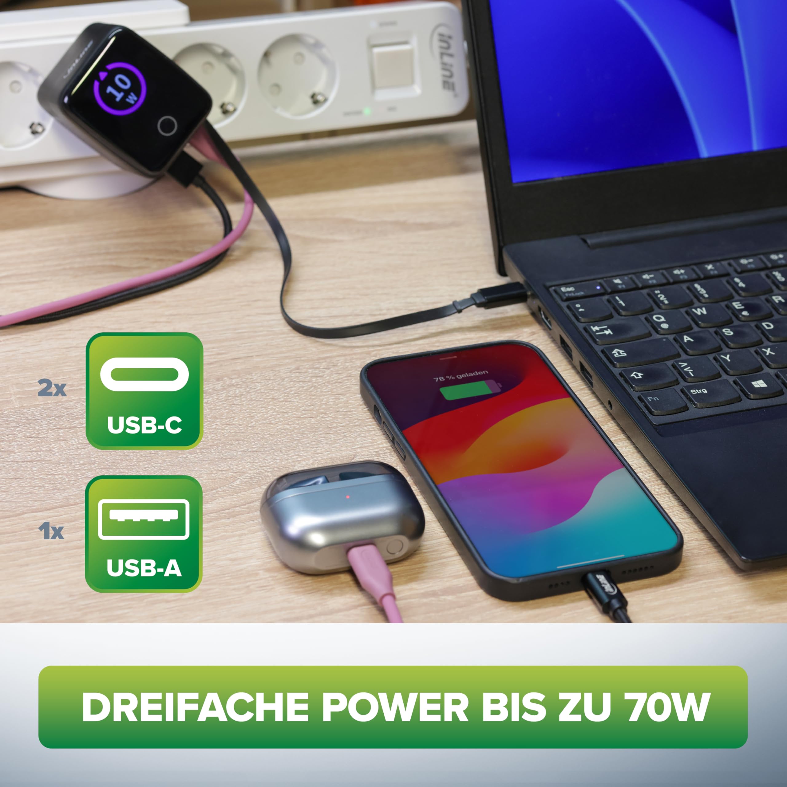Inline Caricatore USB C & USB A 70 W, con cavo estraibile, alimentatore GaN con display, Power Delivery & Quick Charge, nero, 31507R