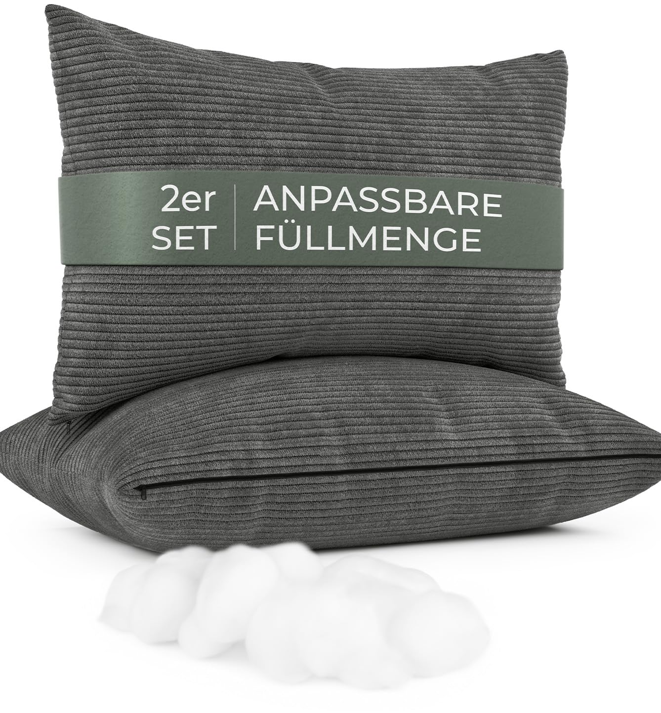 Sofakissen mit Füllung und Bezug 2er Set [extra bauschig] Cord Couchkissen groß 40x60 cm mit regulierbarer Dicke, Zierkissen Kord Bezug, Dekokissen für Sofa und Couch, dunkelgrau, Kordsamt Kissenbezug