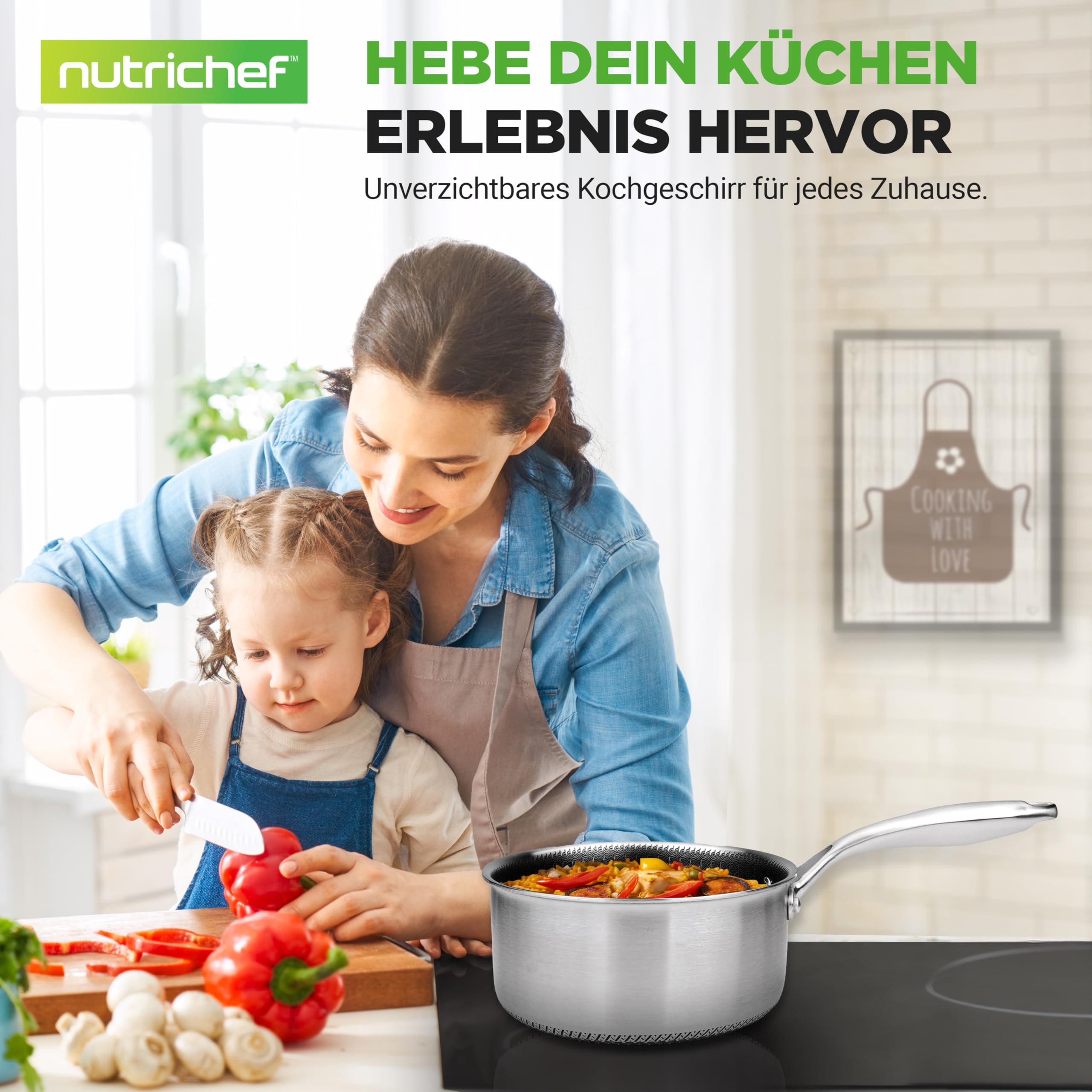 Nutrichef Stielkasserolle Ø 19cm, 2 L Topf Klein- aus Edelstahl mit Glasdeckel – Kratzfeste Wabenstruktur, Hochwertiger Saucentopf für Kleine Mengen, Saucen & Butter, Sortiert