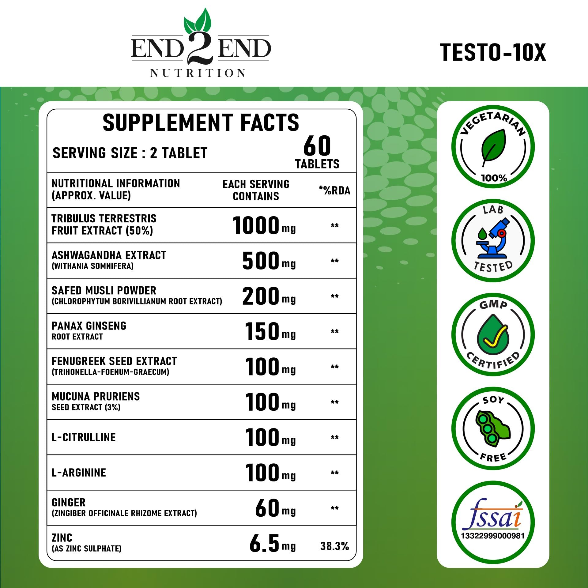 End2End Nutrition Testo-10X Natural Testosterone Booster for Men with Tribulus, L-Arginine, Ashwagandha and Safed Musli for Strength, Stamina, Energy and Muscle Gain – 60 Tablets — Amazon image 2