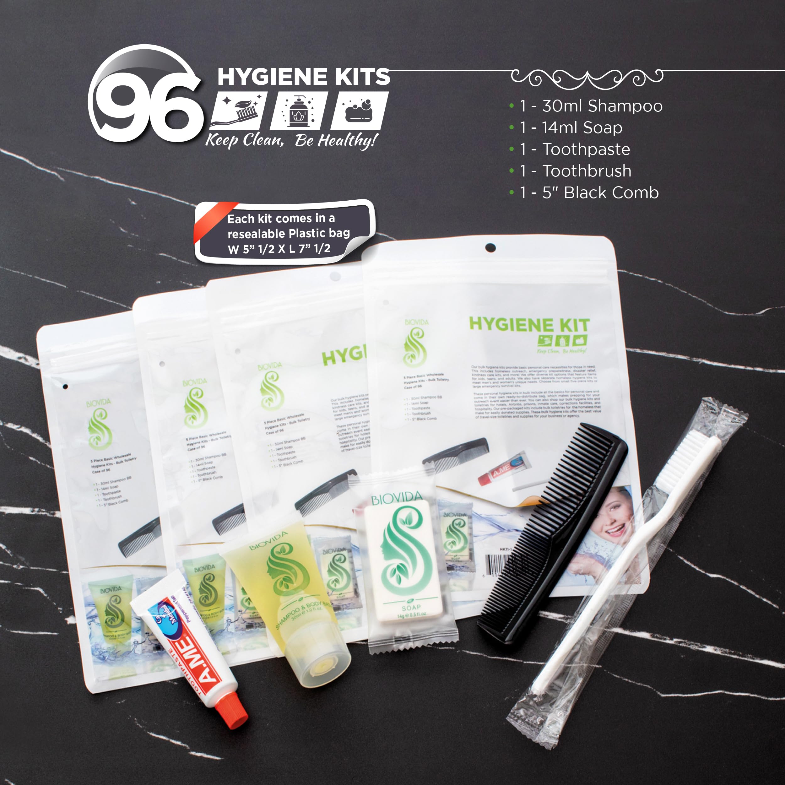 Moda West 96 Hygiene Kits - Bulk Case Wholesale Deluxe Toiletries for Men, Women, Travel, Charity, Includes Shampoo, Deodorant, Toothpaste, Razor, More, Homeless Shelters, Donations, Hotels, Travel