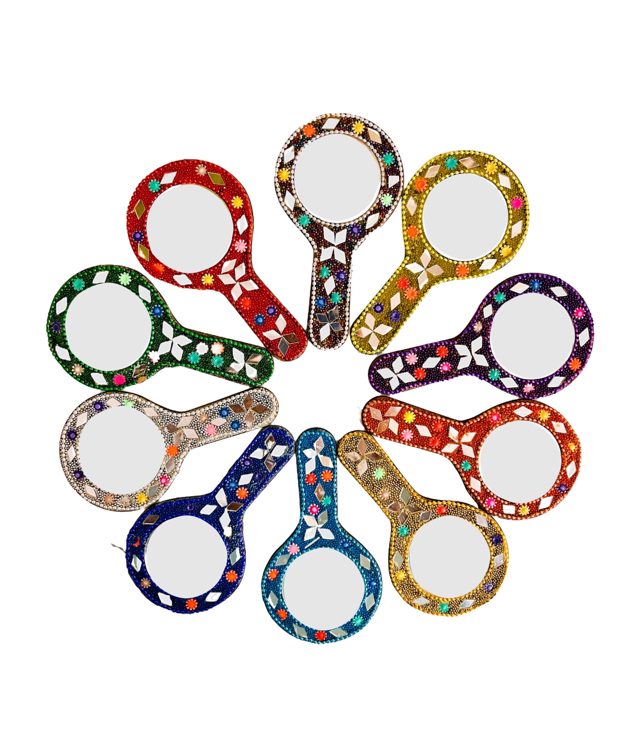 SAARTHI Decorative Markup Mirror | Wooden Decorative Hand Mirror for Ladies |Handheld Mirror| Portable Mirror | Multicolour Lak Hand Mirror, Set of 10 (Round, Framed)-picture-39