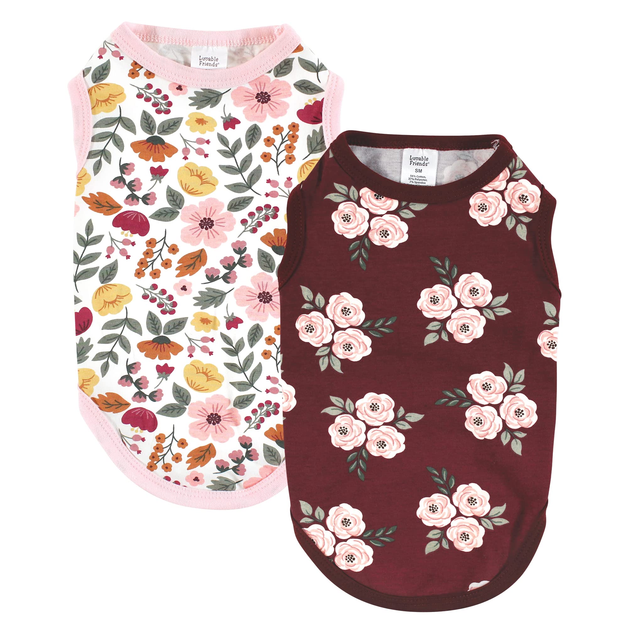 Luvable Friends Dog Pet Dog and Cats Cotton T-Shirts 2pk, Burgundy Floral Botanical, Small