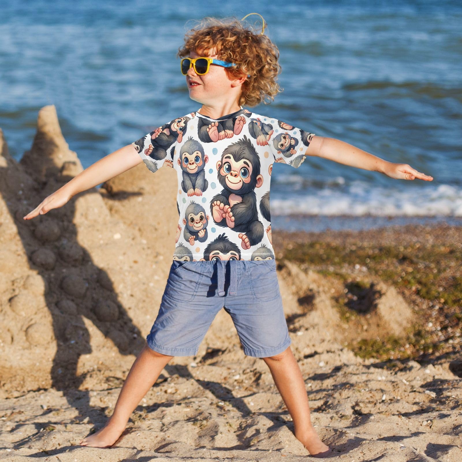 Toddler Boy Rash Guard Short Sleeve Swim Shirt Cartoon Gorilla Print Rashguard 3T Beach Shirts Quick Dry,12