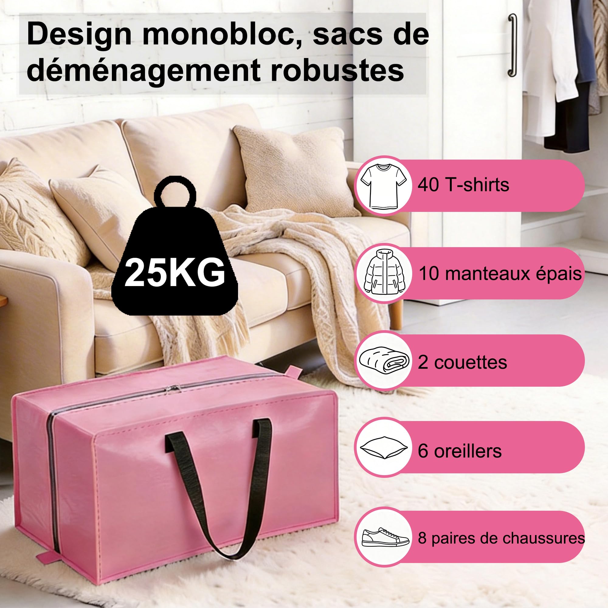 FUSHITON Sachets de Déménagement Rose 6 Pièces, Extra Large 83L Sacs de Rangement avec Fermeture Éclair & Poignées Renforcées, Sacs Pliables pour Déménagement, Vêtements, Literie