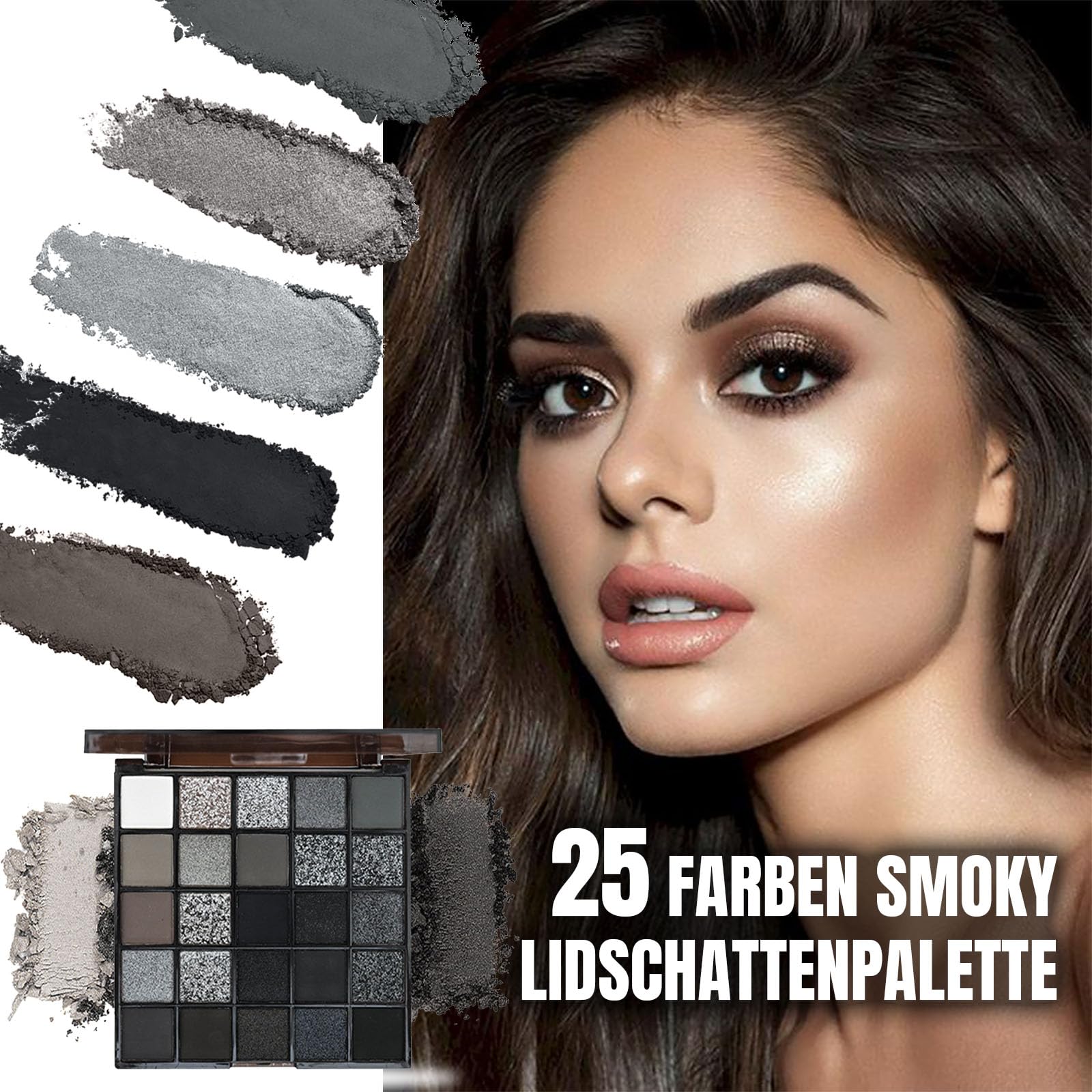 Smoky paleta cieni do powiek, 25 kolorów, czarno-białe, gotyckie cienie do powiek, w chłodnych odcieniach, o wysokiej pigmentacji, matowa, perłowa tekstura, paleta cieni do powiek na Halloween, z