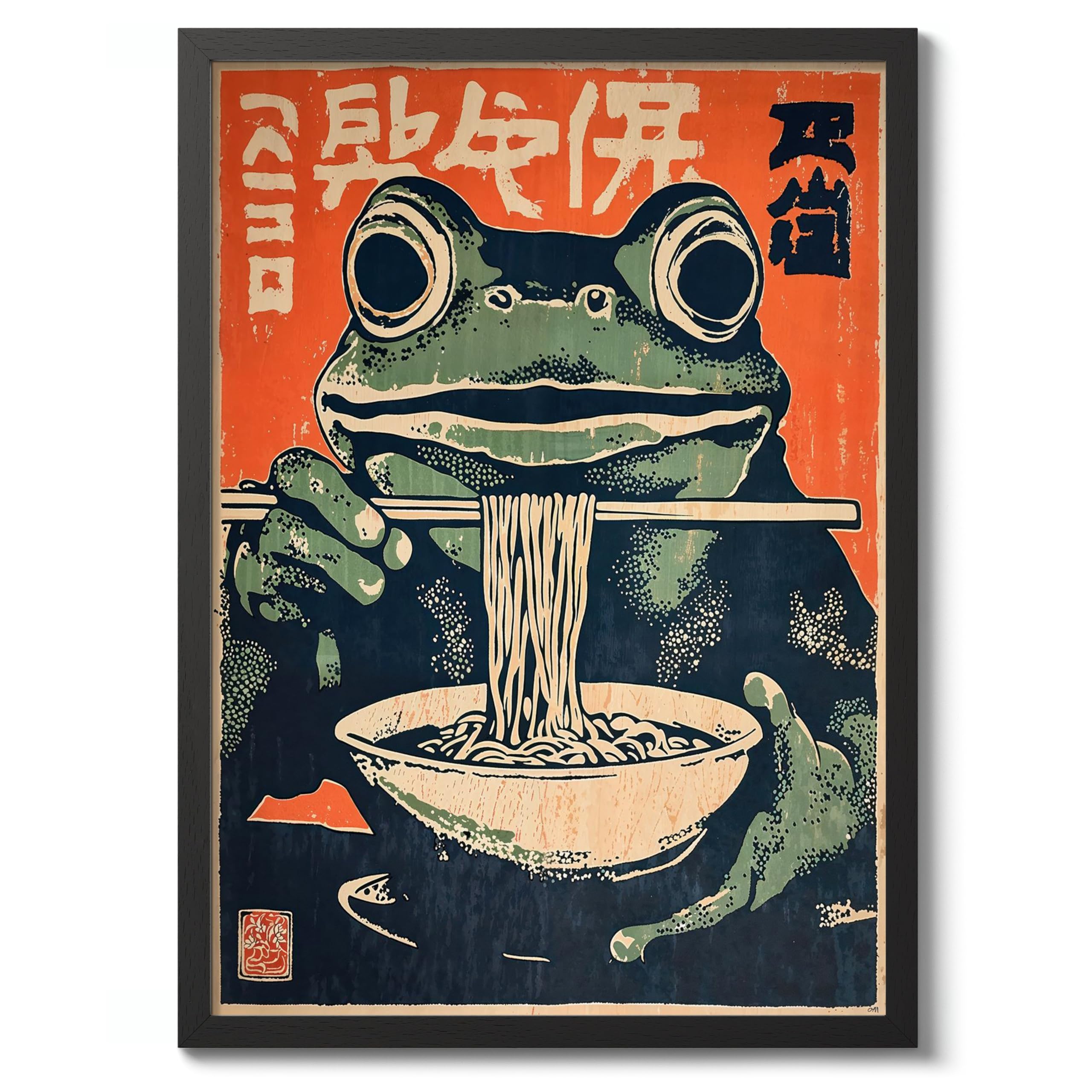 Ramen Frog Anime Woodblock Poster Print, Cartoon Manga Edo Aesthetic Wall Art Japanese Wall Art Bedroom Home Decor, 50x70cm (Black Frame) - 53x73cm