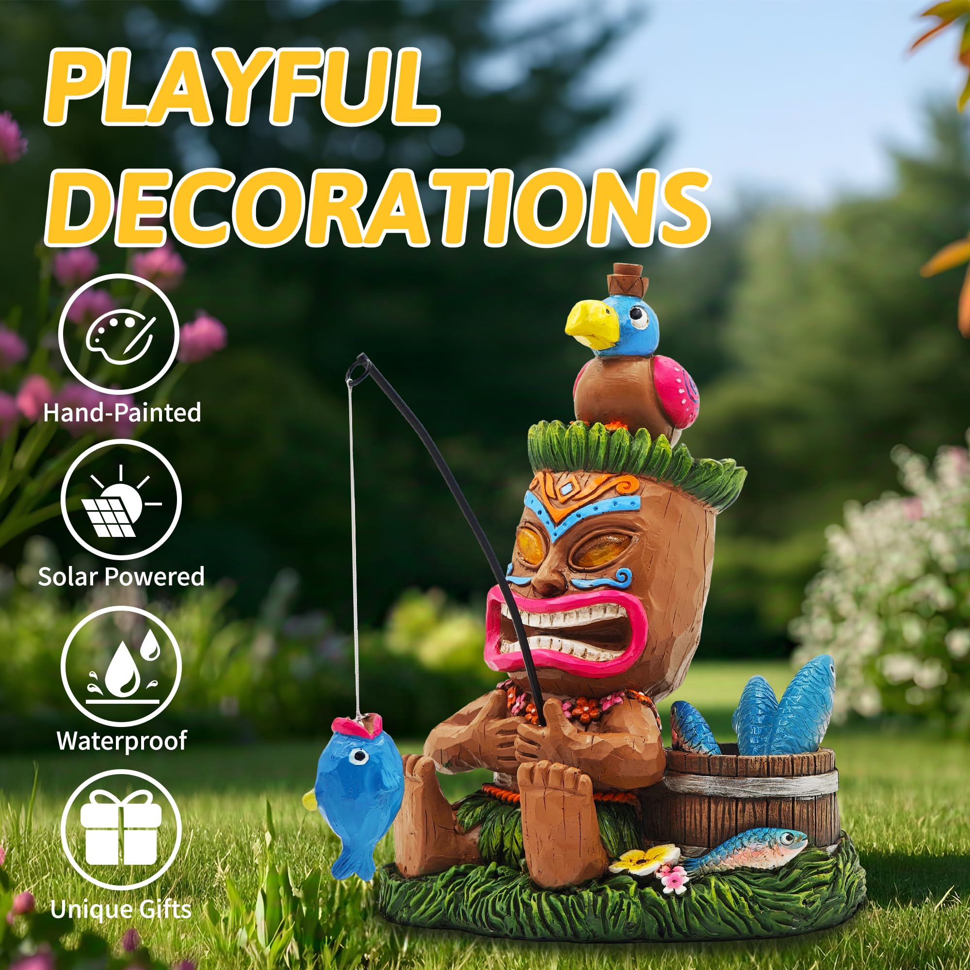 Estatuas solares de jardín Tiki: decoración divertida de barra Tiki de 8 pulgadas con luz solar, decoración exterior para césped, patio, jardín, regalos para inauguración de la casa (pescado)