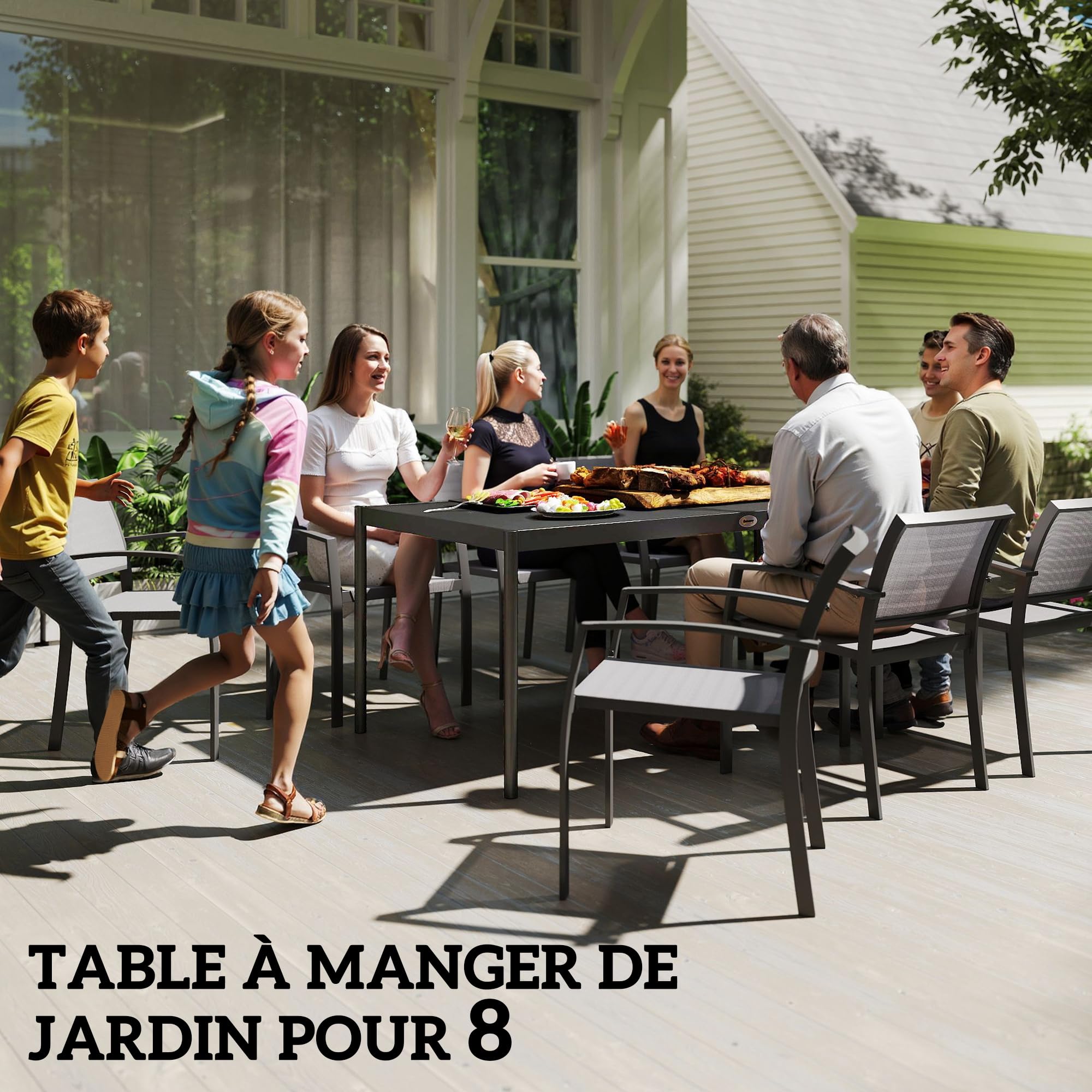 Outsunny Table à Manger de Jardin en Acier pour 8 Personnes, Plateau à Lattes Rectangulaire, Anti-Rouille, Gris Foncé