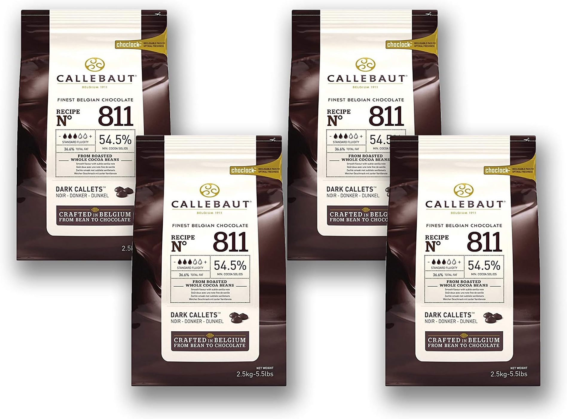 Callebaut Couverture Cacao Dark Baking Belgian Semisweet Chocolate Callets 4 pack. 54.5% Cacao. Recipe N811. (5.5 Lbs x 4; 10 kg)