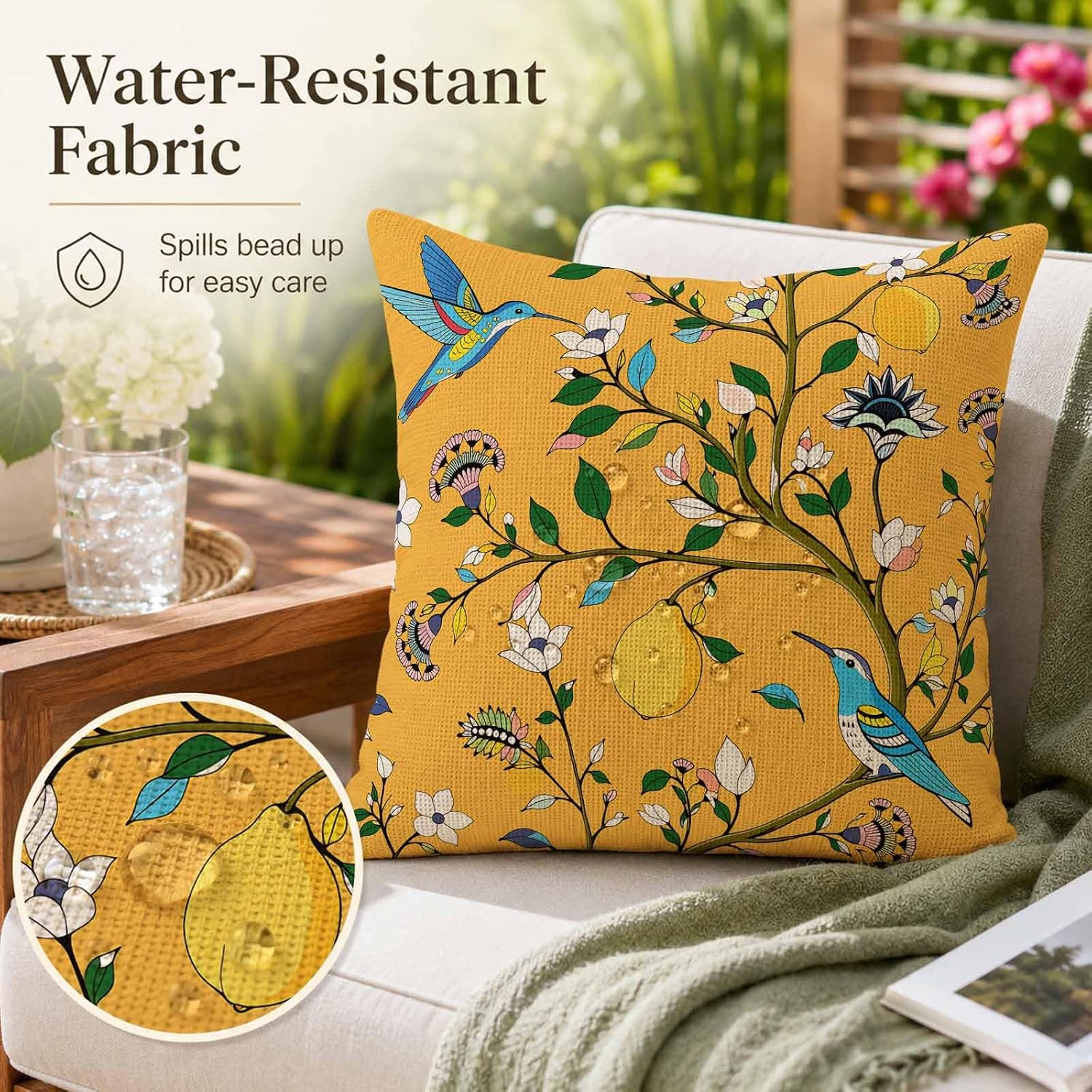 Hummingbird Paradise Linen Throw Pillow Covers Tropical Cotton Linen Accent Cases for Bedroom 18x18 Inch Yellow image 5