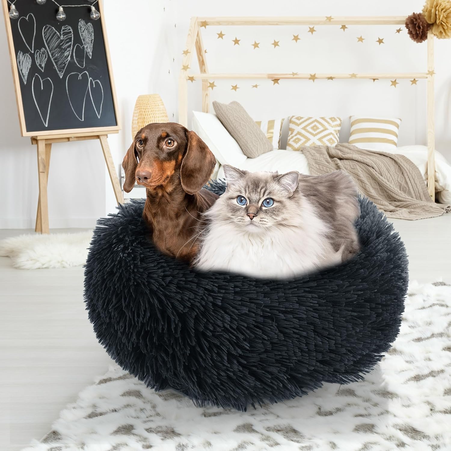 review Cat Bed for Desk,Soft Plush Round Pet Bed for Cats or Small Dogs,Anti Anxiety Donut Indoor Cat Bed Dog Bed with Slip-Resistant Bottom for Puppy & Kitten
