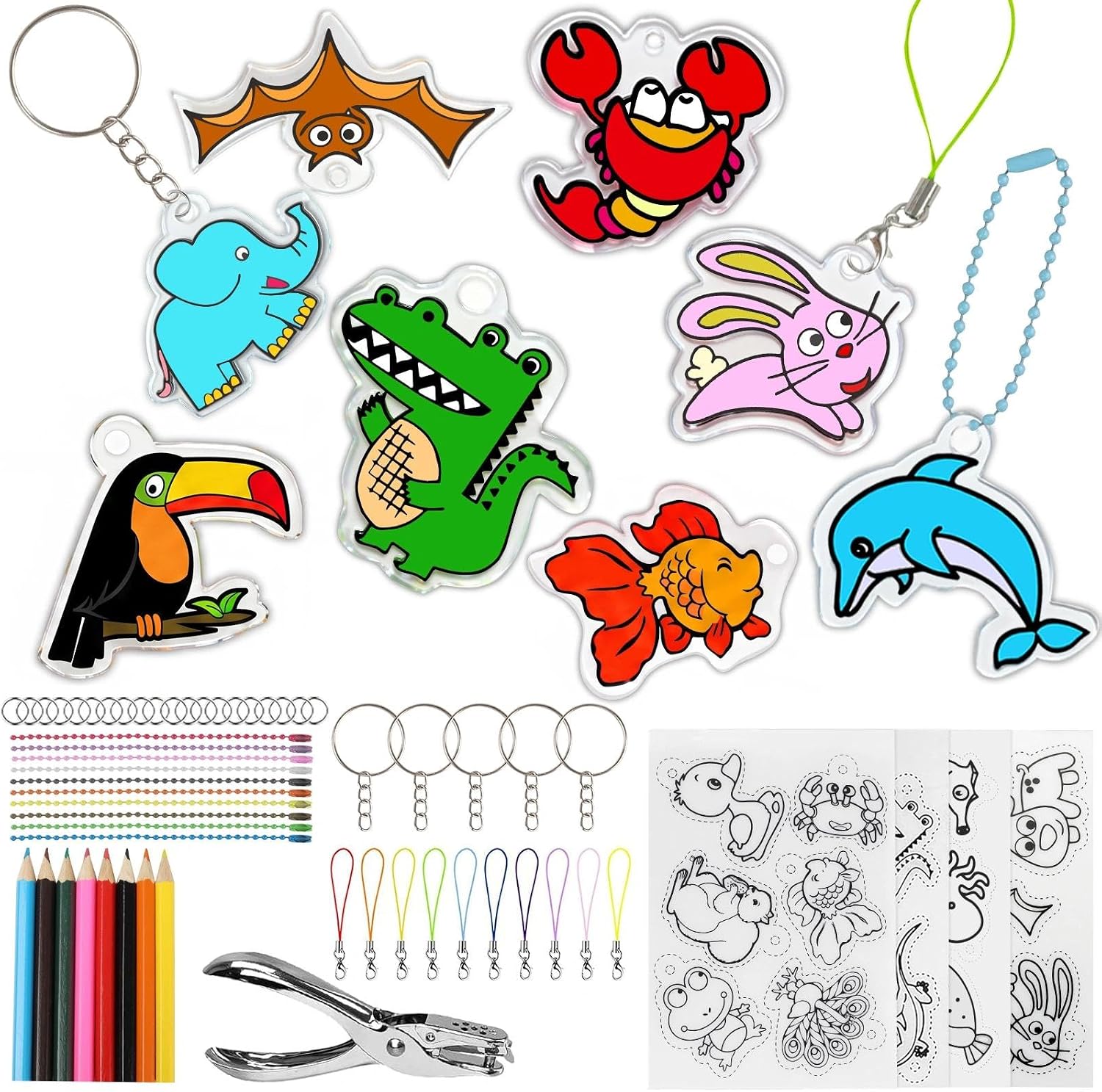 58PCS Shrink Dink Sheets Keychain Kit for Kids with 22 Pre-Printed Charms