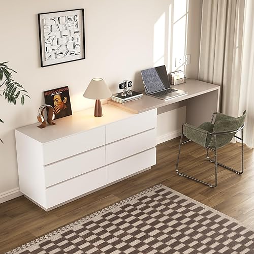 Modern L-Shaped Corner Desk 97.63 x 19.68 Inch with 6 Drawers with 51 Inch Document Cabinet, Study and Write Computer Desk Reversible Layout, Desk Dresser Combo for Home Office Furniture