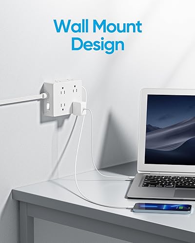 Miniatura 5 de Regleta Protectora contra Sobretensiones con Cable de 10 pies, Olcorife Cable de Extensión de Enchufe Plano Ultra Delgado, 8 Tomas 4 Puertos USB (1