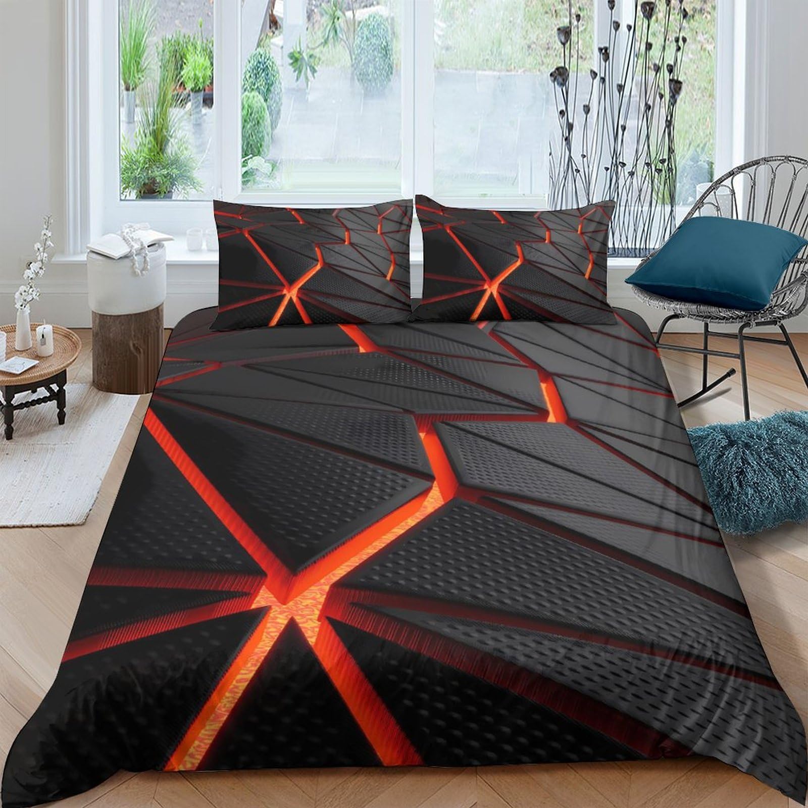 Ctjqhvkz Style-1 3D Printed Futuristic Geometric Fitted Sheet Microfiber Soft Black Red Abstract Lines Mattress Cover For Bedroom Dorm Decor Single（135X200cm）