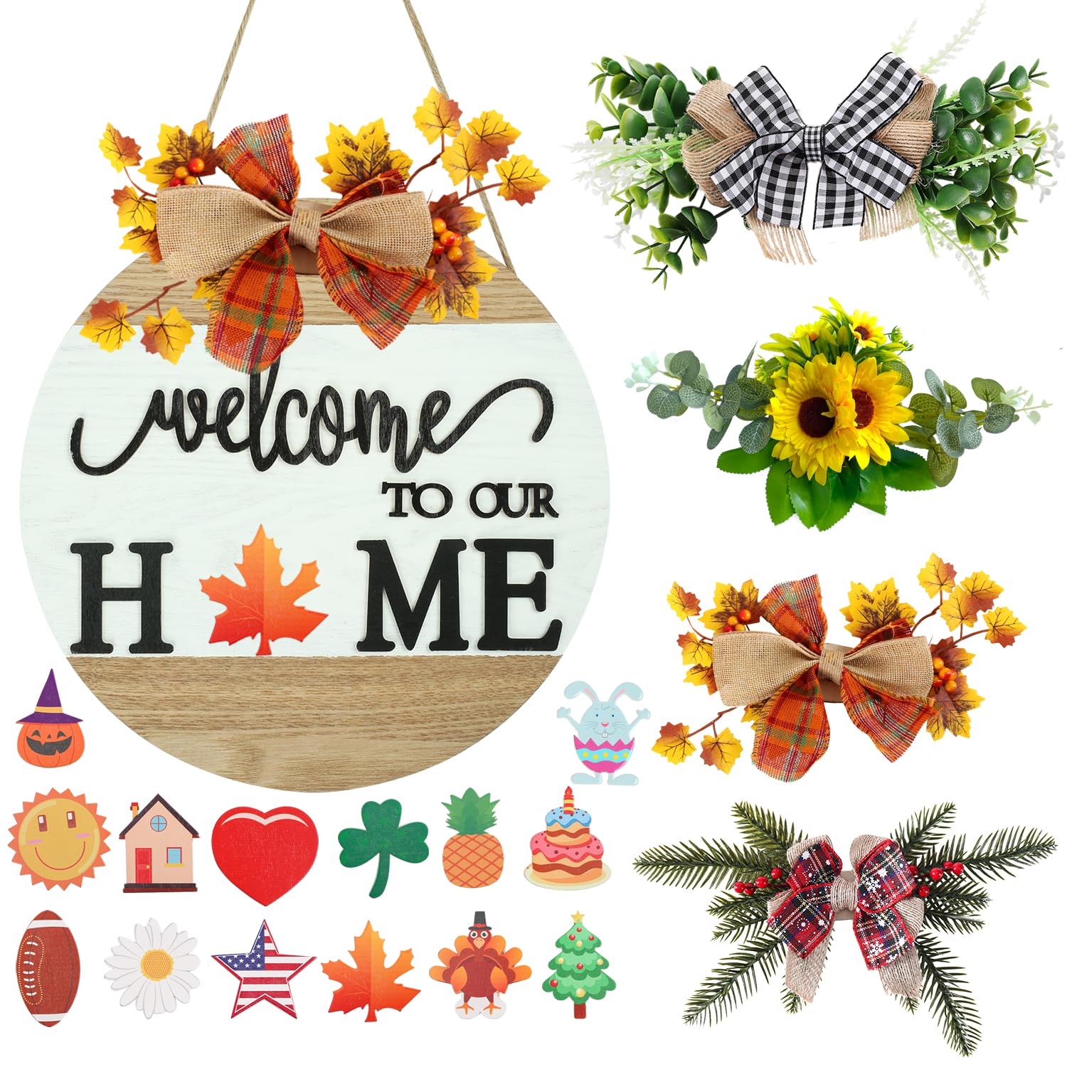 Interchangeable Welcome Sign for Front Door with 4 Seasonal Wreaths and 14 Changeable Icons, Farmhouse Front Porch Décor, Front Door Decoration, Seasonal Rustic Wooden Wall Sign home décor (7wood)