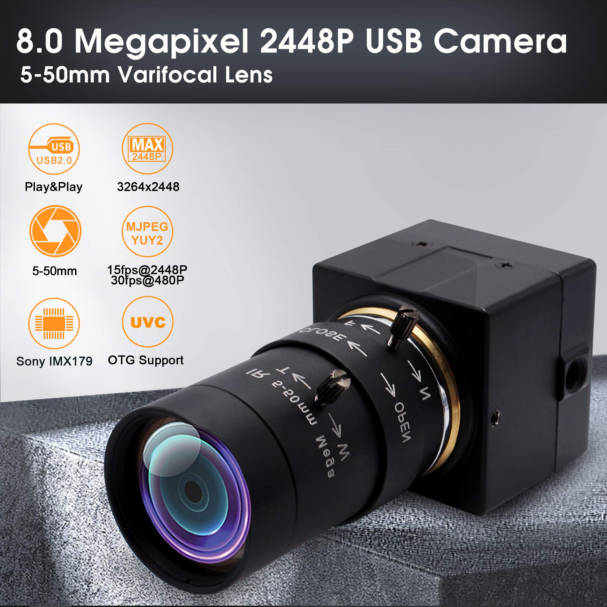Svpro Cámara USB de 8 MP con lente variable de 5 a 50 mm, zoom óptico de 10 aumentos, cámara web HD con sensor IMX179 para Windows, Linux, Mac OS, Android, Plug and Play UVC