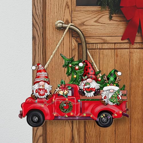 Miniatura 6 de Letrero de gnomo de madera de Navidad para puerta delantera, 13.8 pulgadas, rústico de madera navideña, letrero colgante de bienvenida para porche,