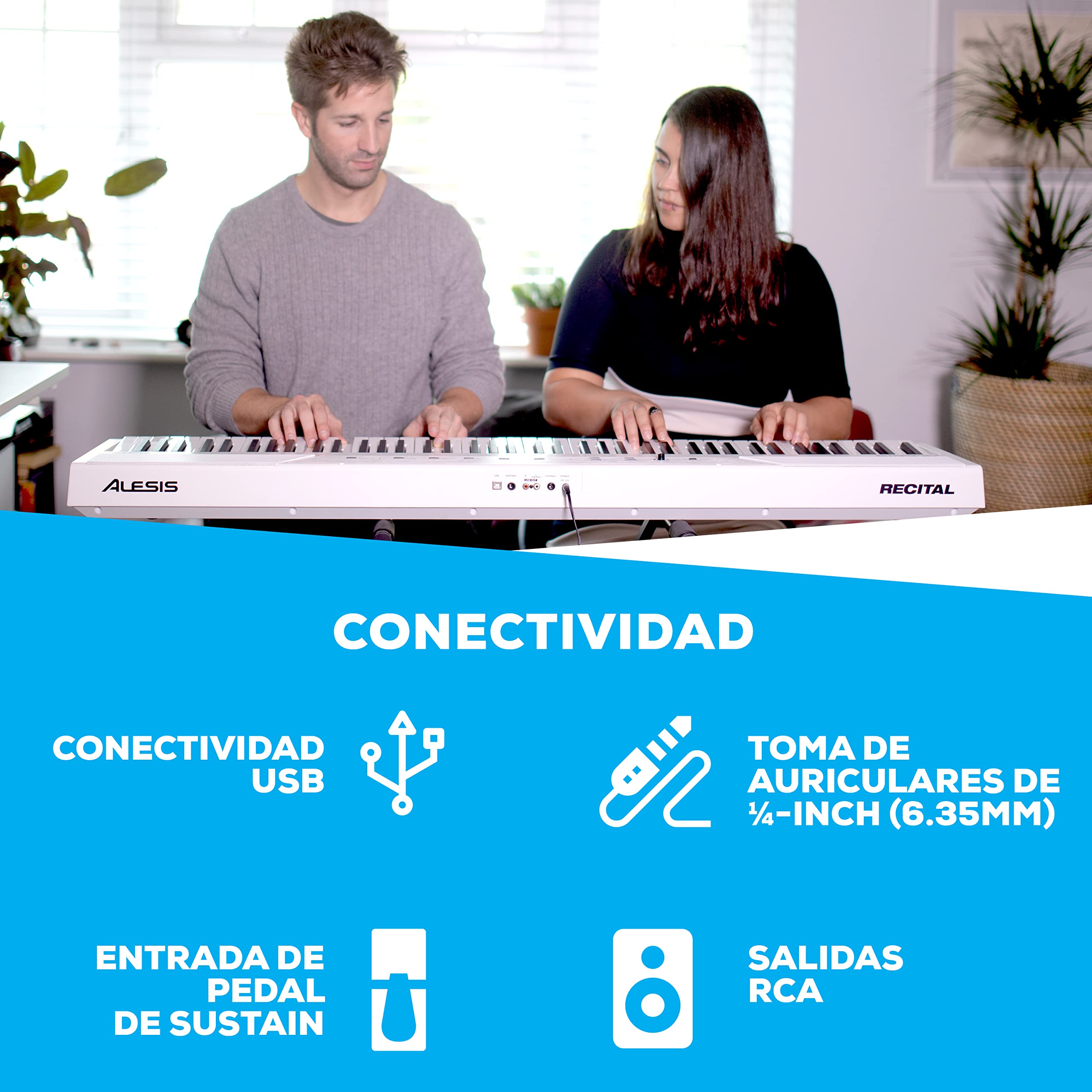 Alesis Recital White + pedal de sostenido ASP-1 MKII - Teclado de Piano Digital Eléctrico con 88 Teclas Semipesadas de Tamaño Completo, color blanco con pedal de sostenido