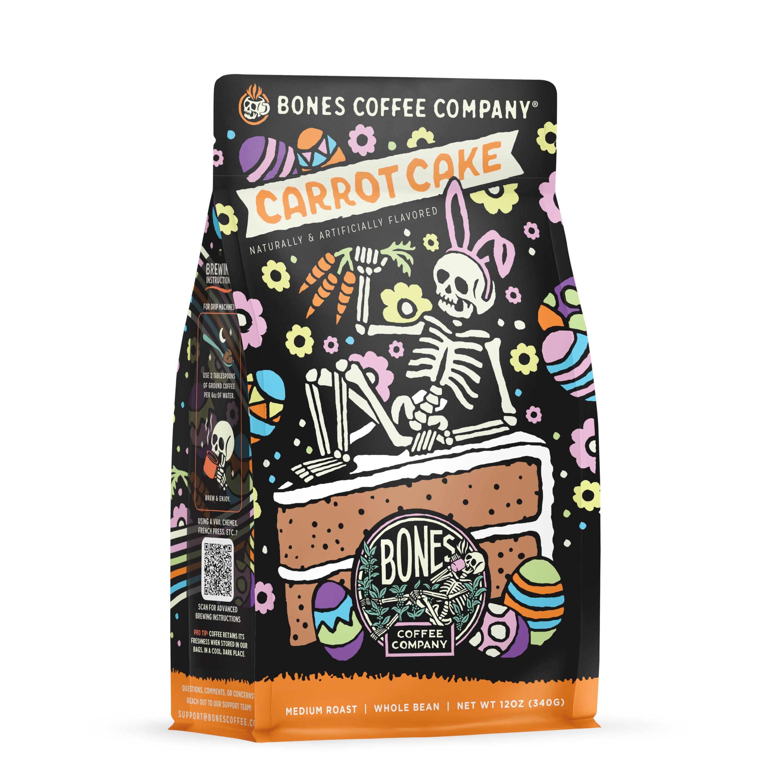 Bones Coffee Company Carrot Cake with Sweet Cream Cheese Flavored Coffee, Medium Roast Low Acid Arabica Beans Compatible with Auto drip and French