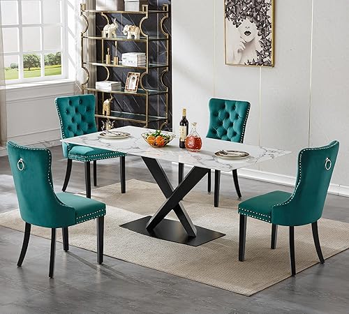 Miniatura 41 de Juego de mesa de comedor de mármol blanco para 6, 70 pulgadas, mesa de comedor de mármol blanco con 6 sillas de terciopelo beige y base de acero al