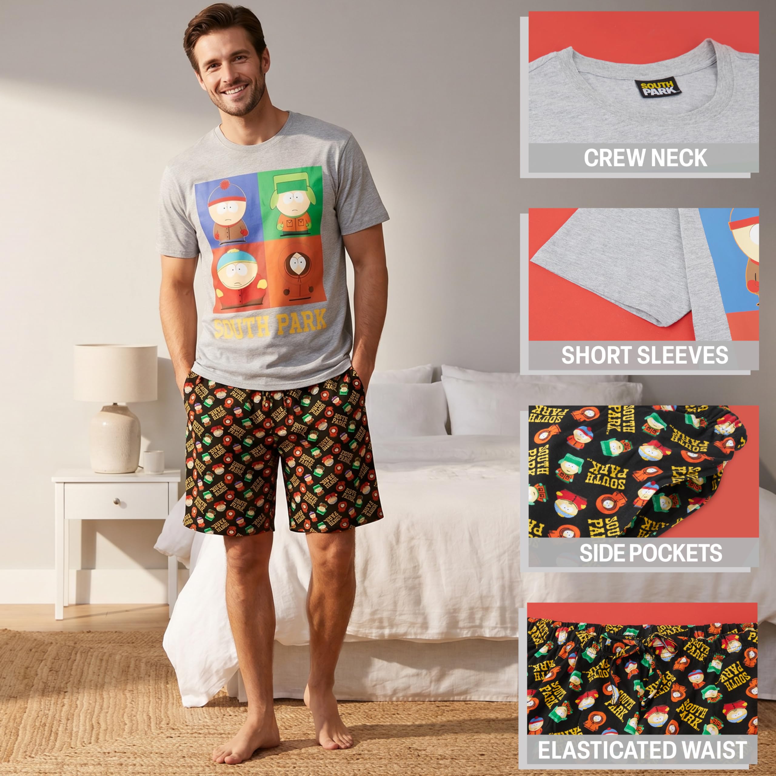 Get Trend South Park Pijama Hombre Verano XS-3XL, Conjunto Camiseta y Pantalón Corto Hombre y Adolescente Cómodo, Regalo Divertido