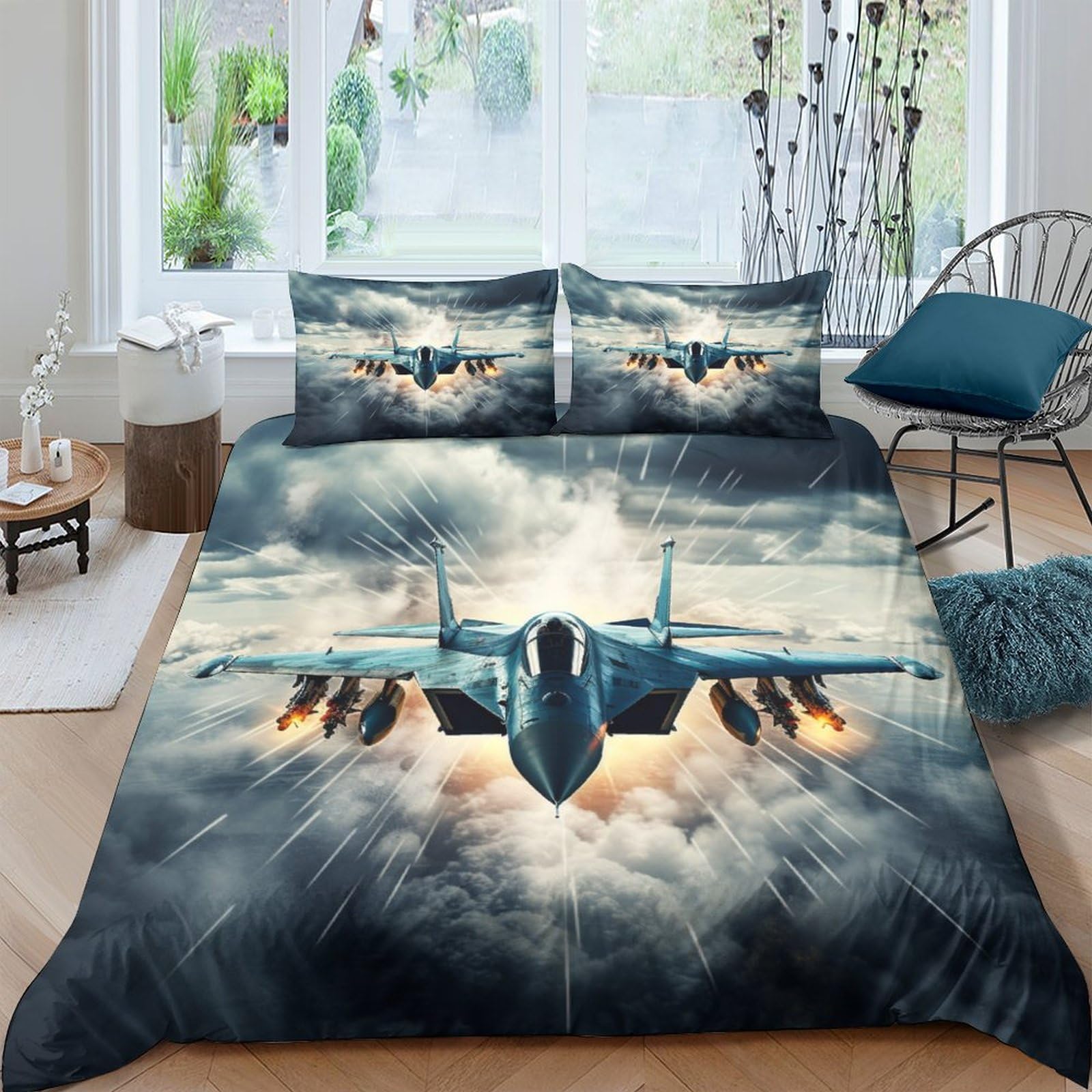 Aaharya Fighter Jet-1 Fighter Jet Duvet Cover Sets Bedding Set With Zipper Closure For Kids Adults 3 Pieces Skin Friendly Comforter Cover 3D Fighter Planes Quilt Cover Double（200X200cm）