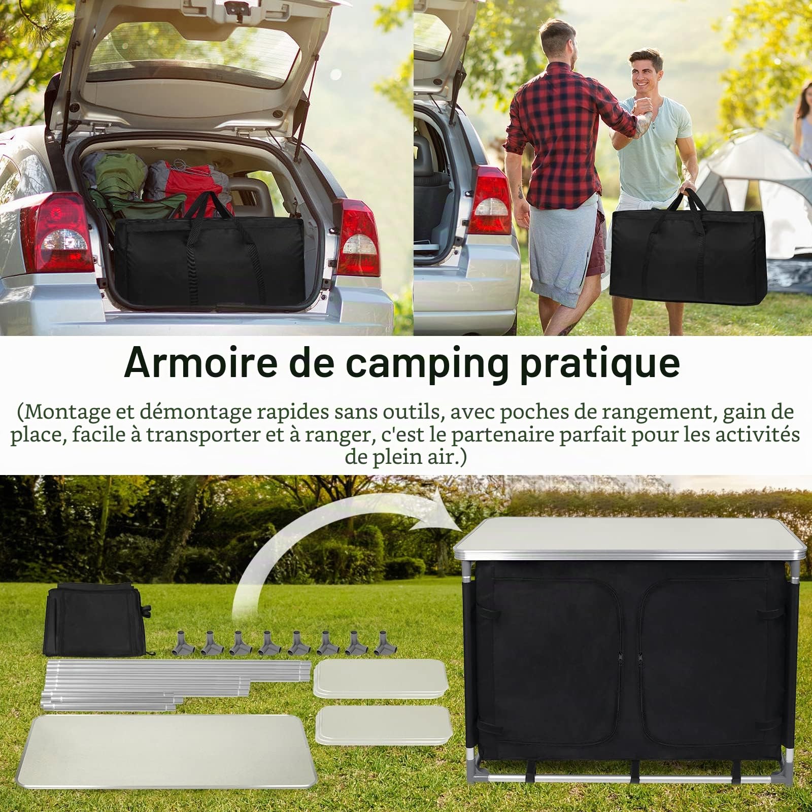 FIVMEN Armoire de camping pliable avec armature en aluminium et compartiments de rangement - Armoire de cuisine de voyage - Armoire de tente - Accessoires de camping pour l'extérieur et la cuisine