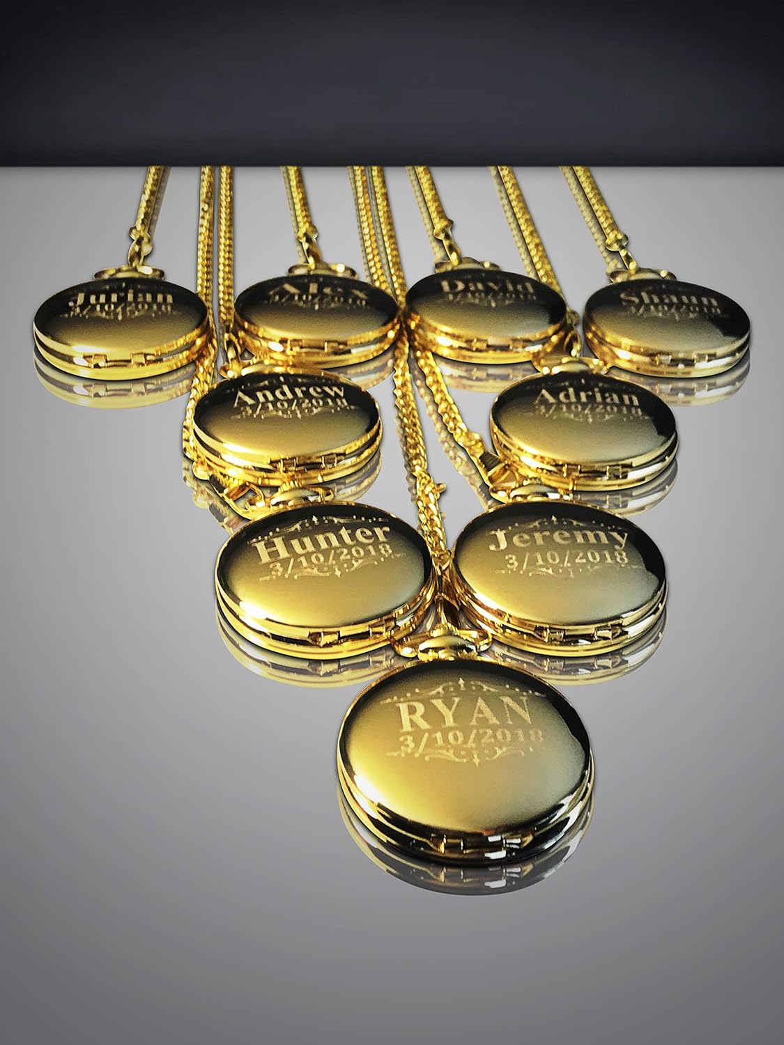 7 Engraved Pocket Watches, Set of 7 Groomsmen Wedding Unique Gifts, Chain, Box and Engraving Included, Comes in 5 Colors, His and her Gifts