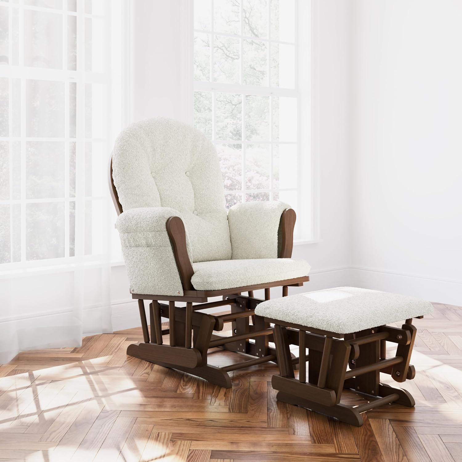 storkcraft premium hoop glider & ottoman - greenguard gold certified, solid wood craftsmanship, convenient storage pockets, nursery rocking chair, multi-award-winning (hazelnut and ivory boucle)