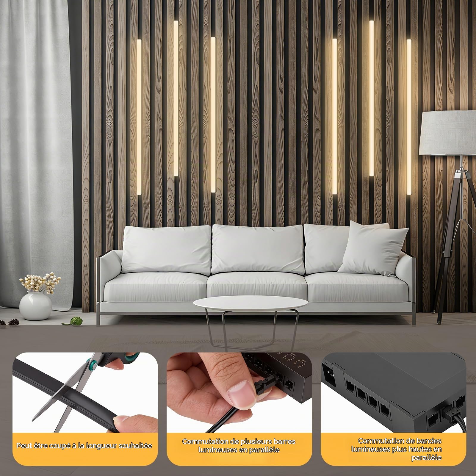 éclairage Pour Panneaux Acoustiques, Intensité Variable Sécable Avec Bande LED Intégrée 6 X 100cm Blanc Chaud Et Capteur Tactile Installation Facile Pour Panneaux Acoustiques (6 Bandes Lumineuses)