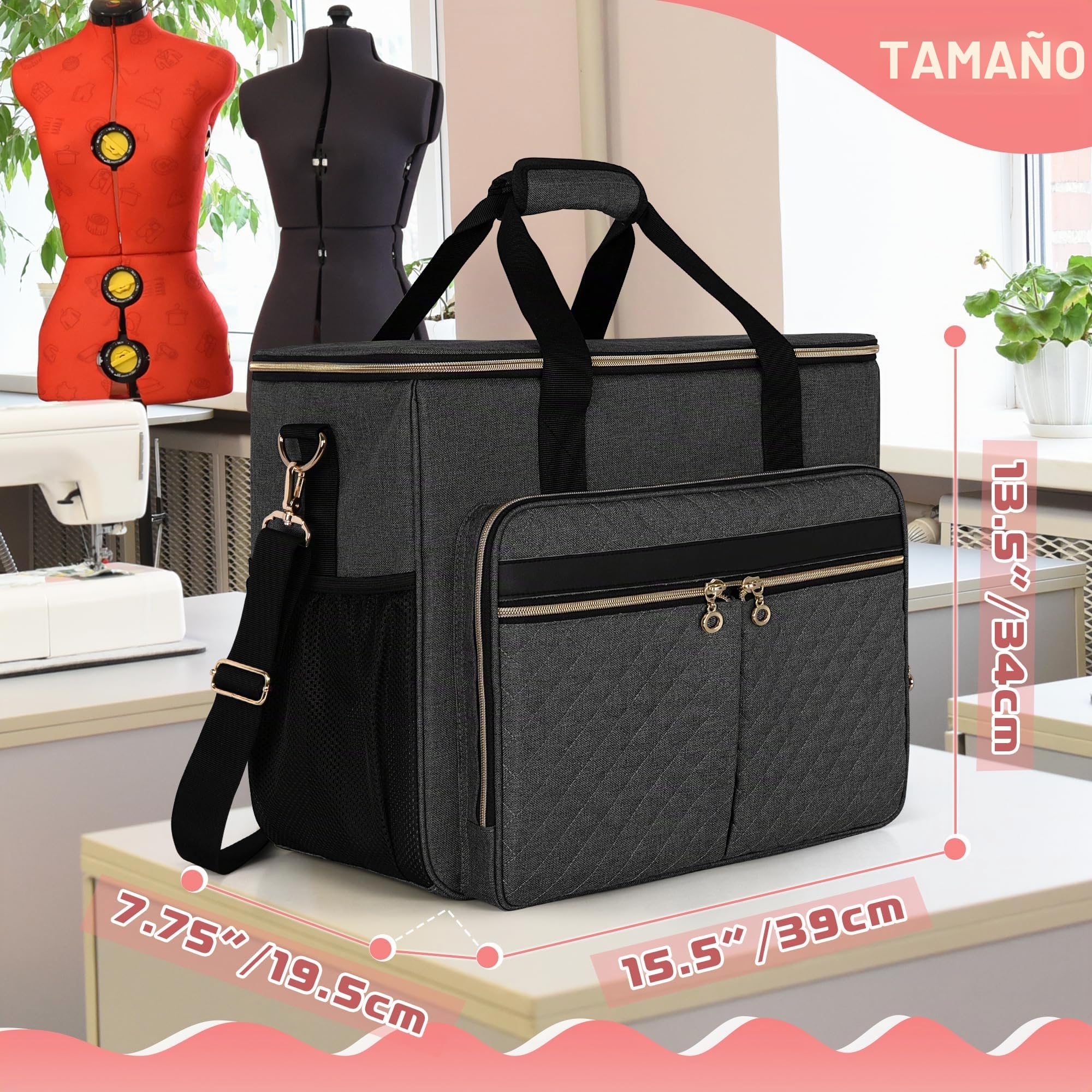 Luxja Bolsa para Máquinas de Coser con Múltiples Bolsillos, Estuche de Máquina de Coser Compatible con Mayoría de Máquinas de Coser Estándar Brother, Singer y Janome, Negro