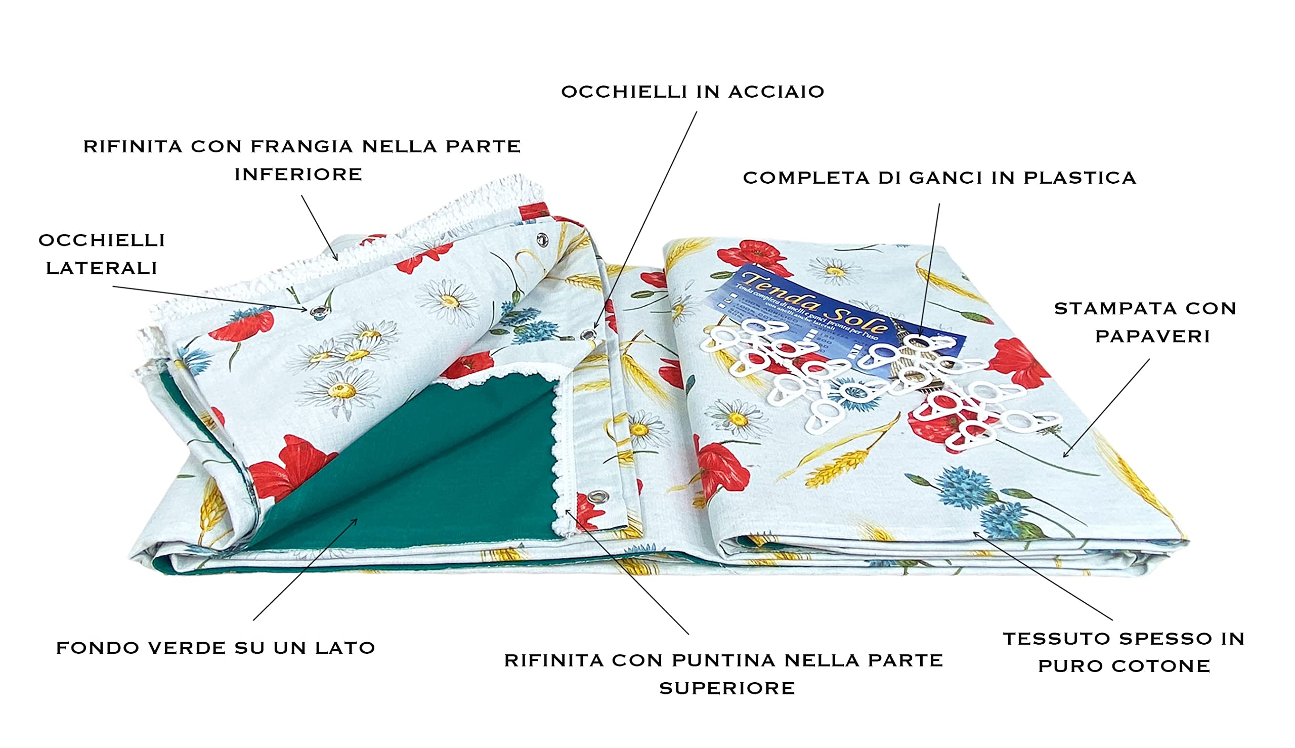 Tende per Esterno - Tende da Sole per Esterno CON ANELLI | Tenda da Giardino, Veranda, Gazebo, Portico | Ganci per Applicazione | Resistente e Lavabile, Cotone 100% Durevole, Stampa Papaveri - 150x300